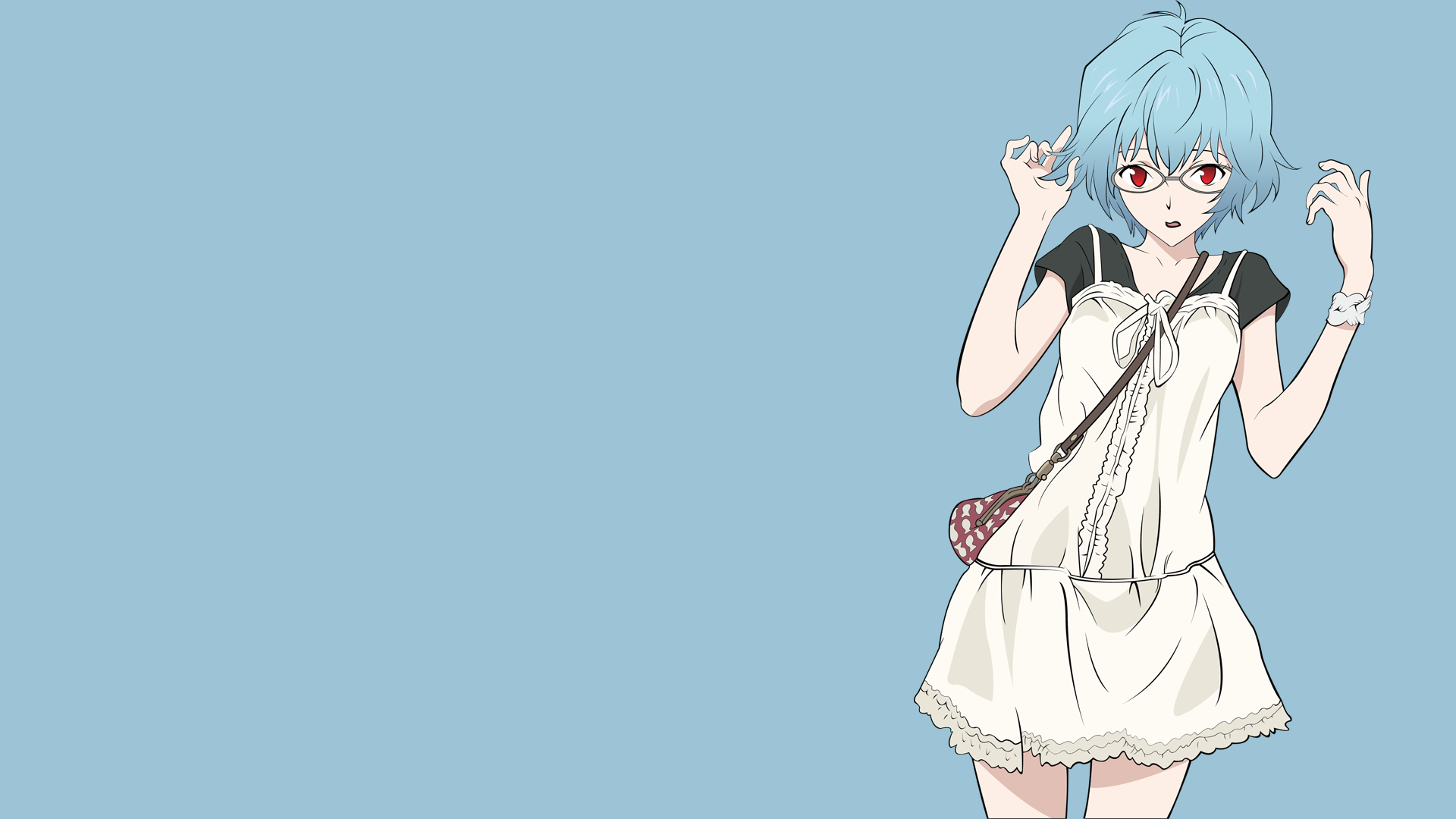 Anime 1920x1080 anime Neon Genesis Evangelion Ayanami Rei anime girls cyan background cyan hair women with glasses red eyes standing looking at viewer