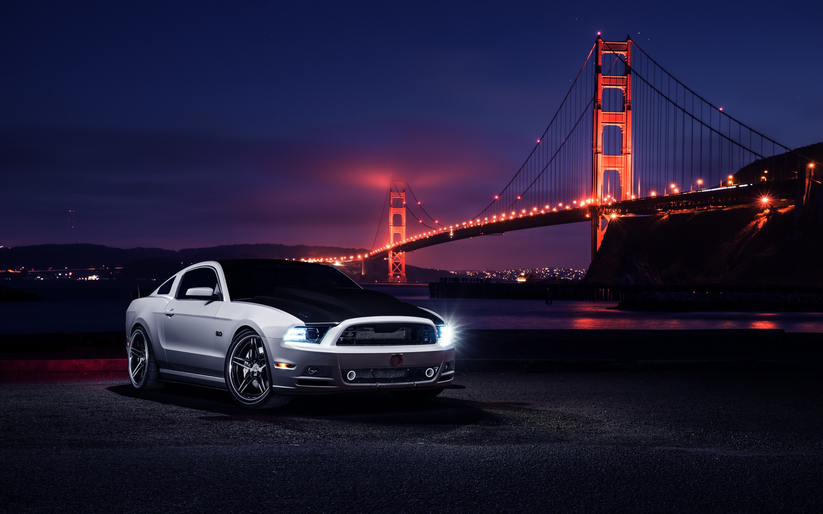 General 2880x1800 Ford Mustang car night Ford Mustang S-197 II Ford vehicle Golden Gate Bridge USA California silver cars muscle cars American cars landmark