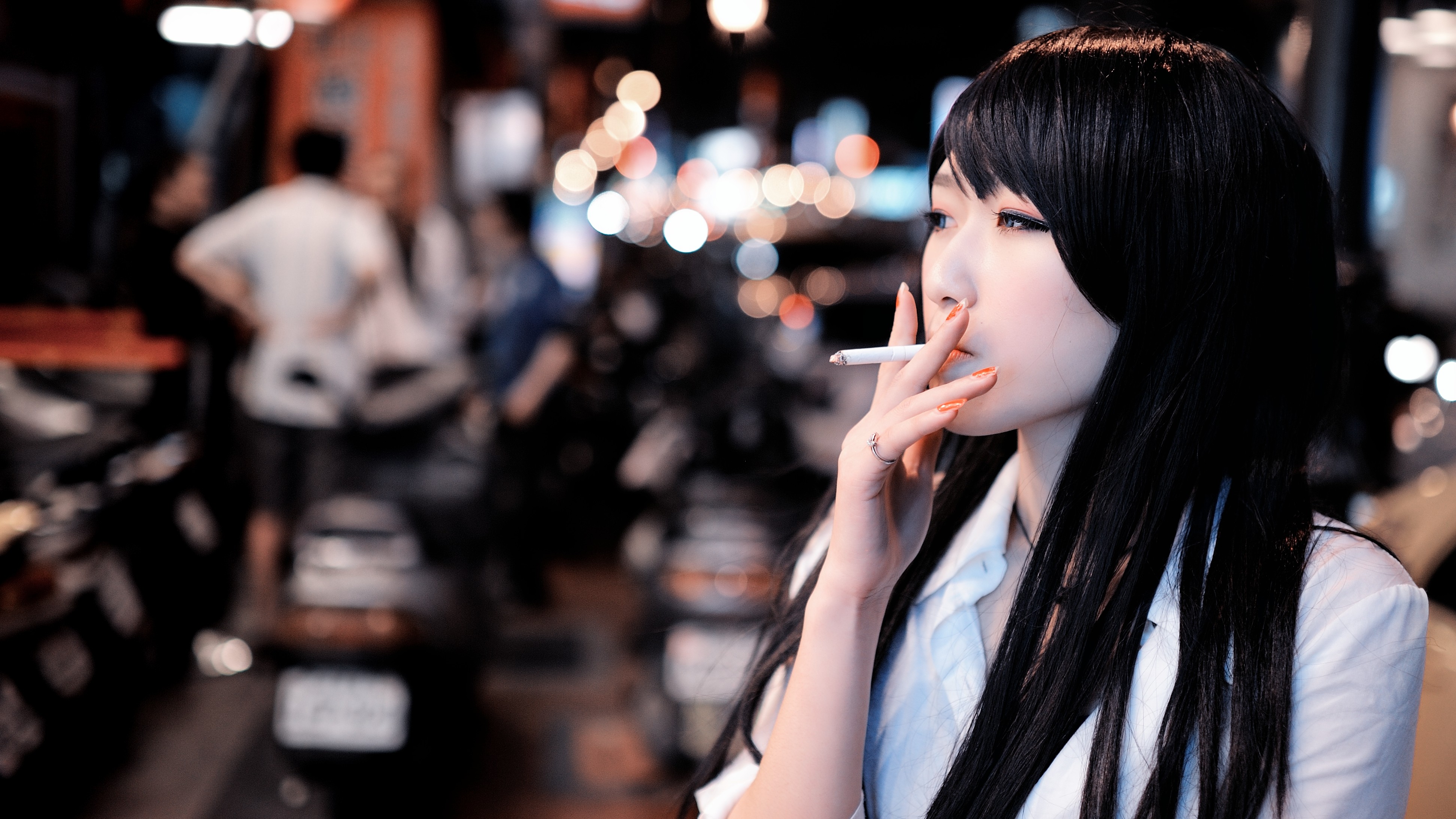 People 3888x2187 cigarettes smoking looking away long hair women Asian model black hair orange nails painted nails urban