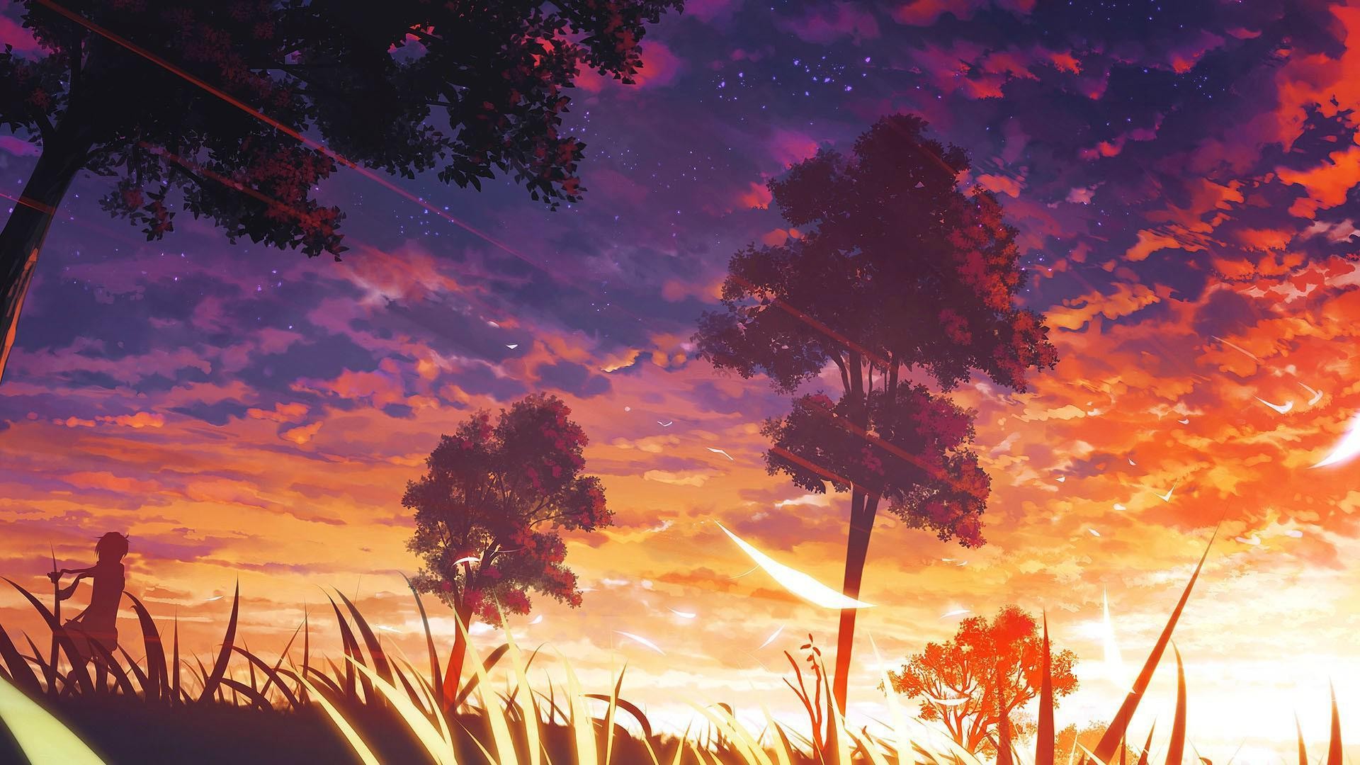 Anime 1920x1080 trees sunset grass stars anime orange sky outdoors