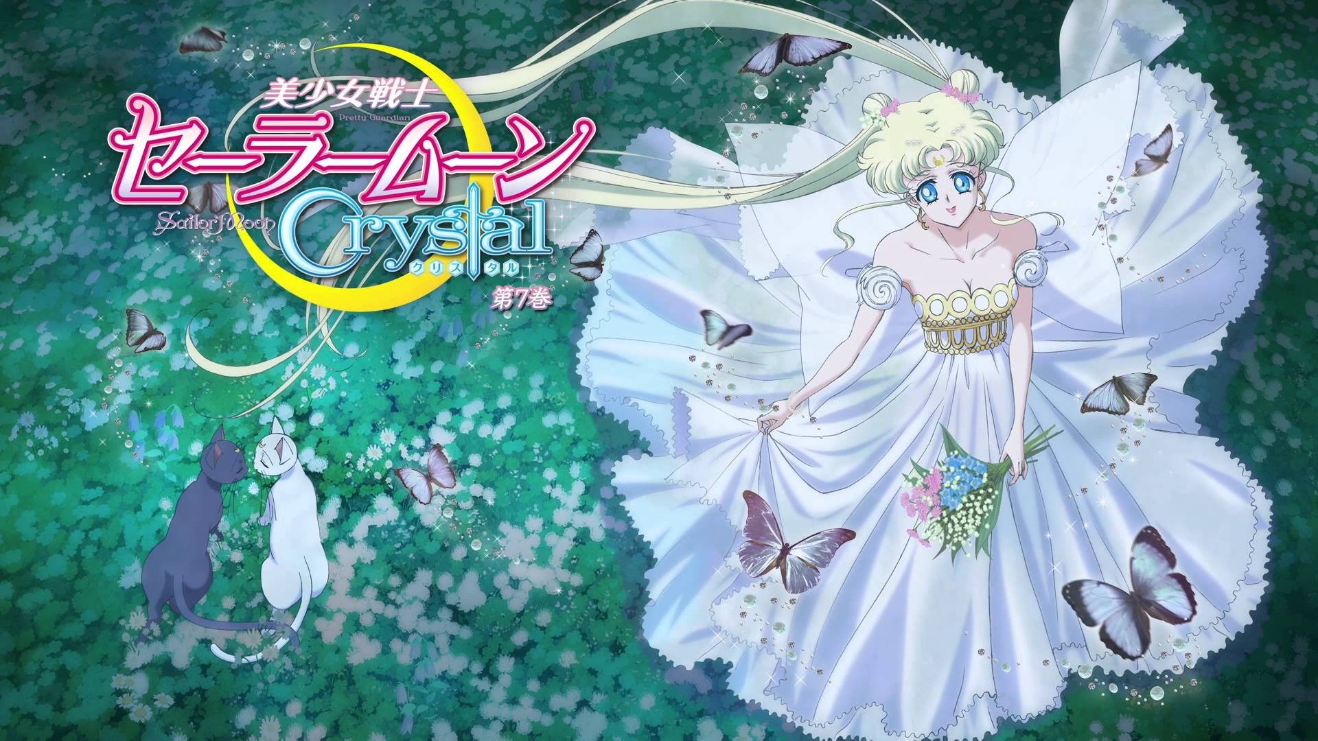 Anime 1920x1080 Sailor Moon anime girls cats butterfly brides white dress cleavage strapless dress looking up animals long hair blonde bouquet