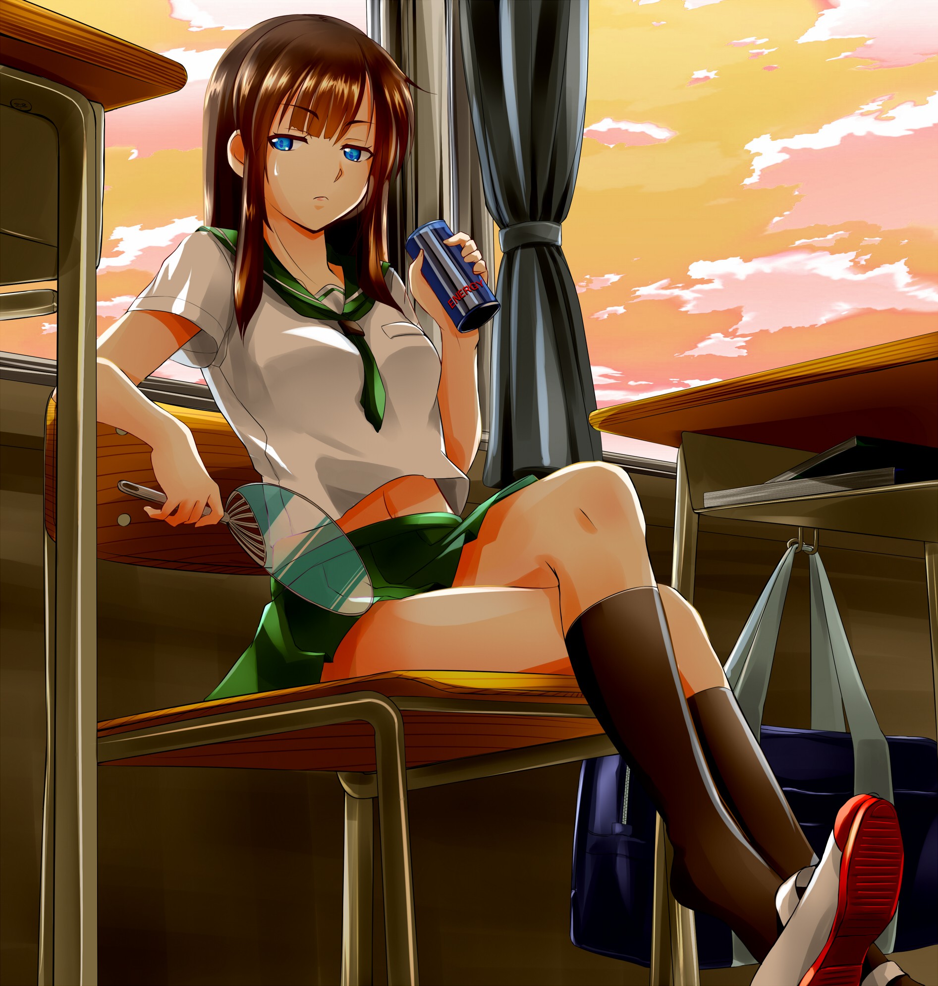 Long Hair Blue Eyes Legs Legs Crossed Sitting Looking Away Brunette Anime Anime Girls