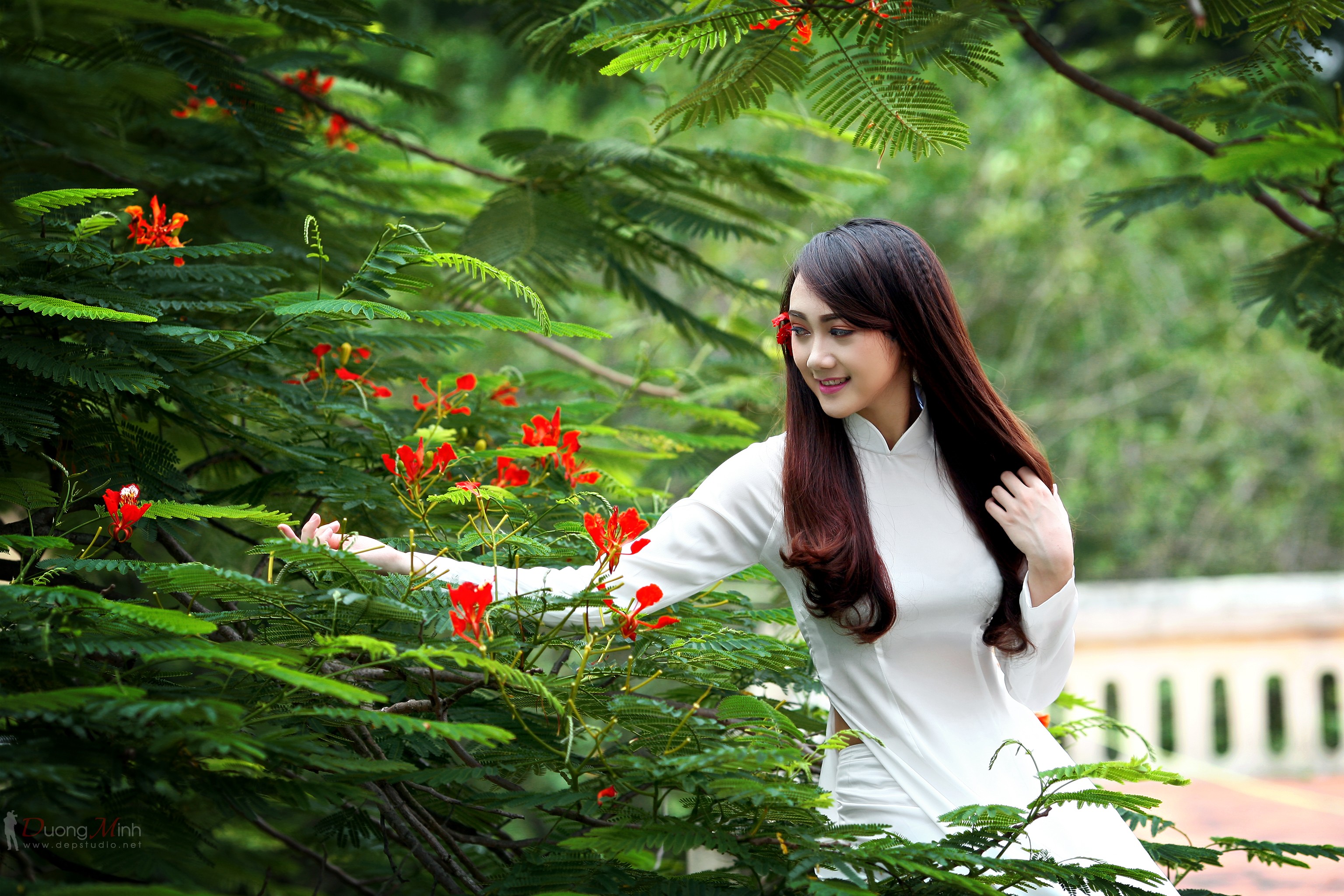 People 3072x2048 women outdoors redhead auburn hair looking away white dress long hair women Asian model outdoors watermarked smiling white clothing flowers plants Asia