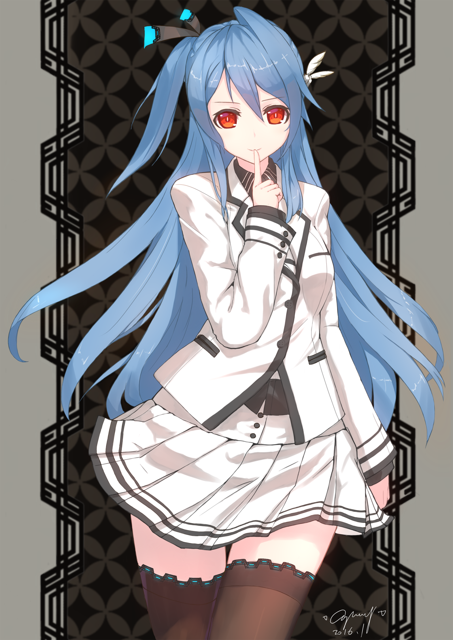 Anime 1572x2221 anime anime girls long hair blue hair red eyes Pixiv stockings skirt finger on lips looking at viewer standing 2016 (year)