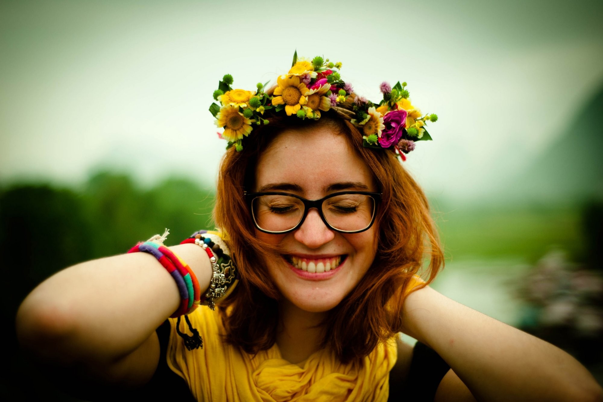 People 2000x1333 women flower in hair closed eyes smiling glasses women with glasses Michele James happy flower crown model women outdoors face portrait green background