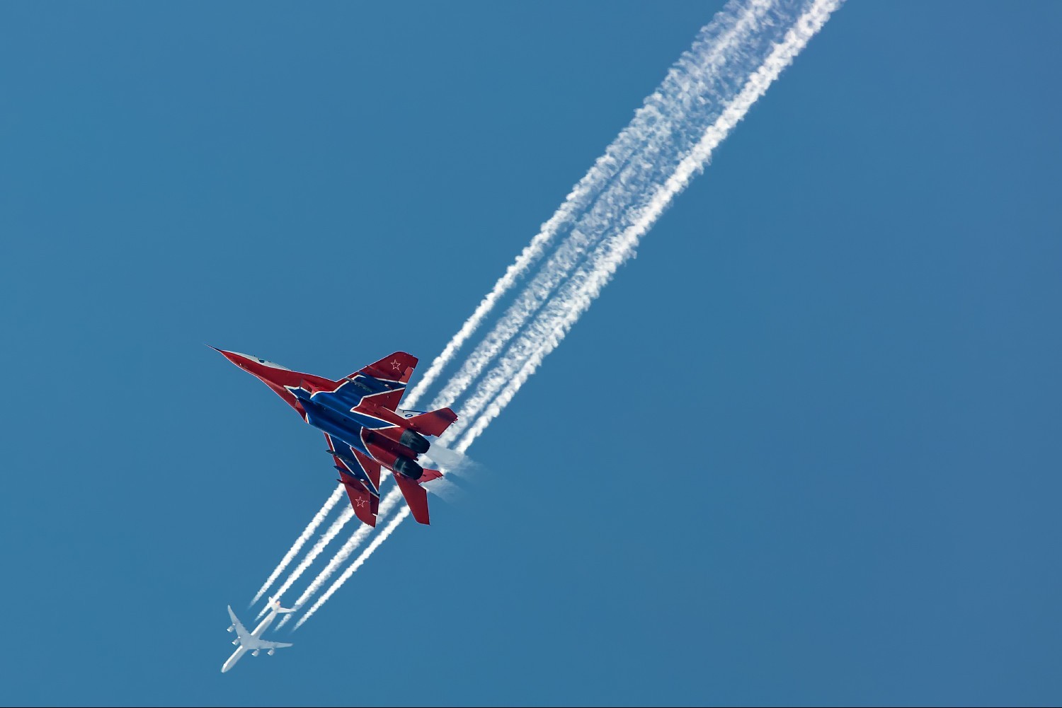 General 1500x1001 airplane aircraft sky military aircraft vehicle Mikoyan MiG-29 military vehicle passenger aircraft Russian Air Force Swifts aerobatic team contrails