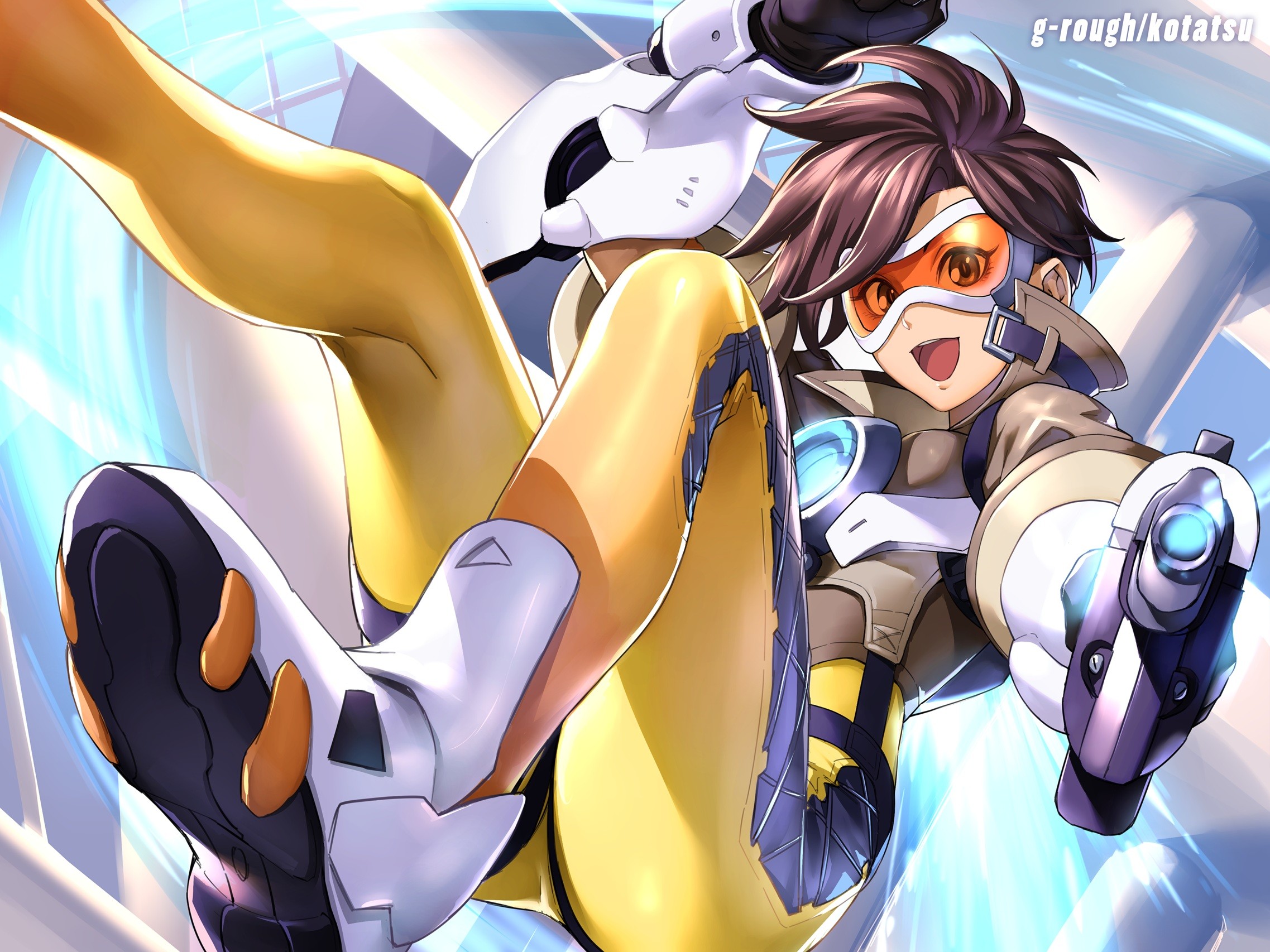 Anime 2275x1706 anime anime girls Overwatch Tracer (Overwatch) bodysuit PC gaming video game girls video game characters Pixiv open mouth girls with guns shoulder length hair