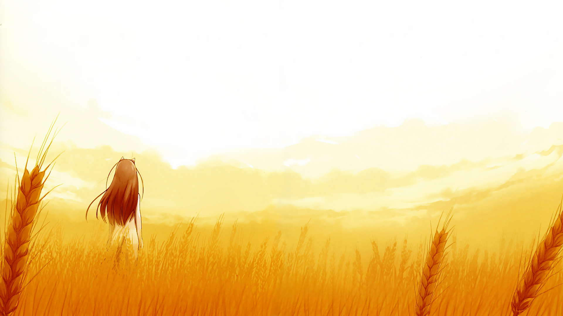 Anime 1920x1080 Spice and Wolf Holo (Spice and Wolf) anime girls nude long hair animal ears wheat field anime women outdoors plants