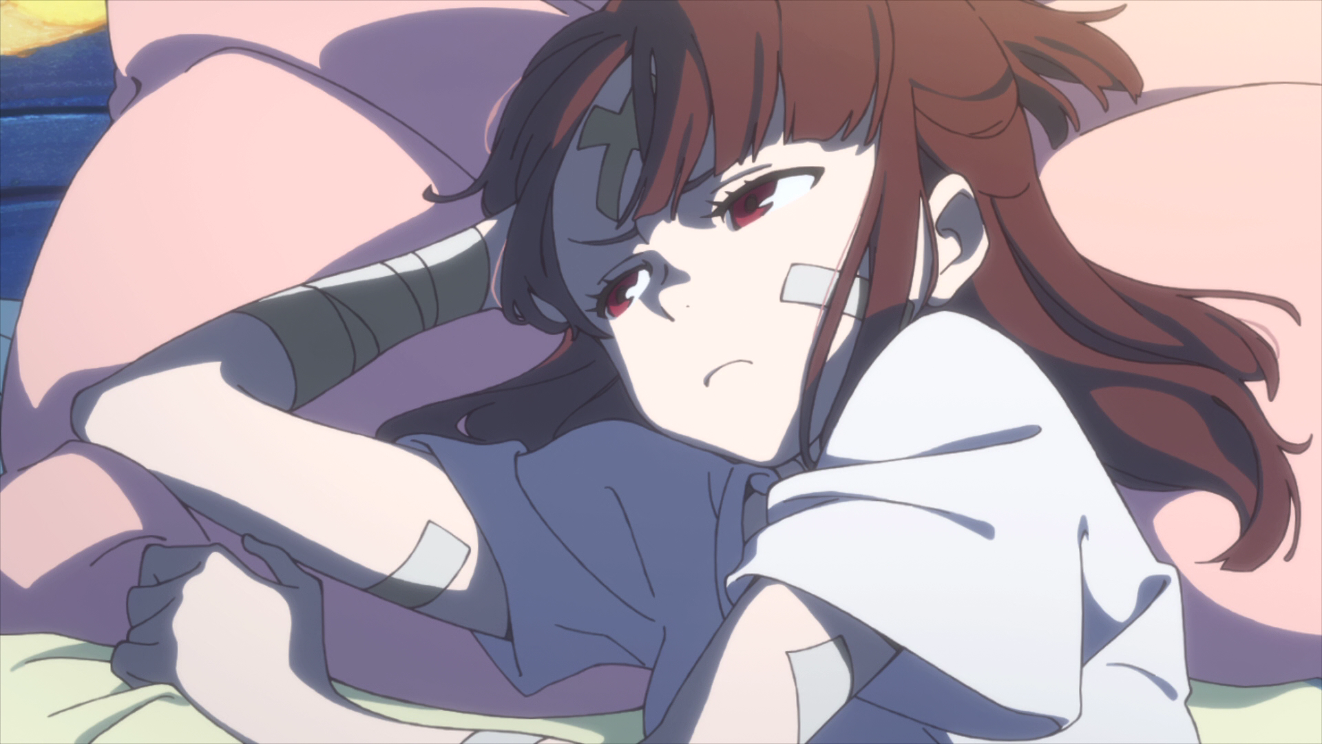 Anime 1920x1080 Little Witch Academia anime anime girls red eyes face bandages brunette looking away
