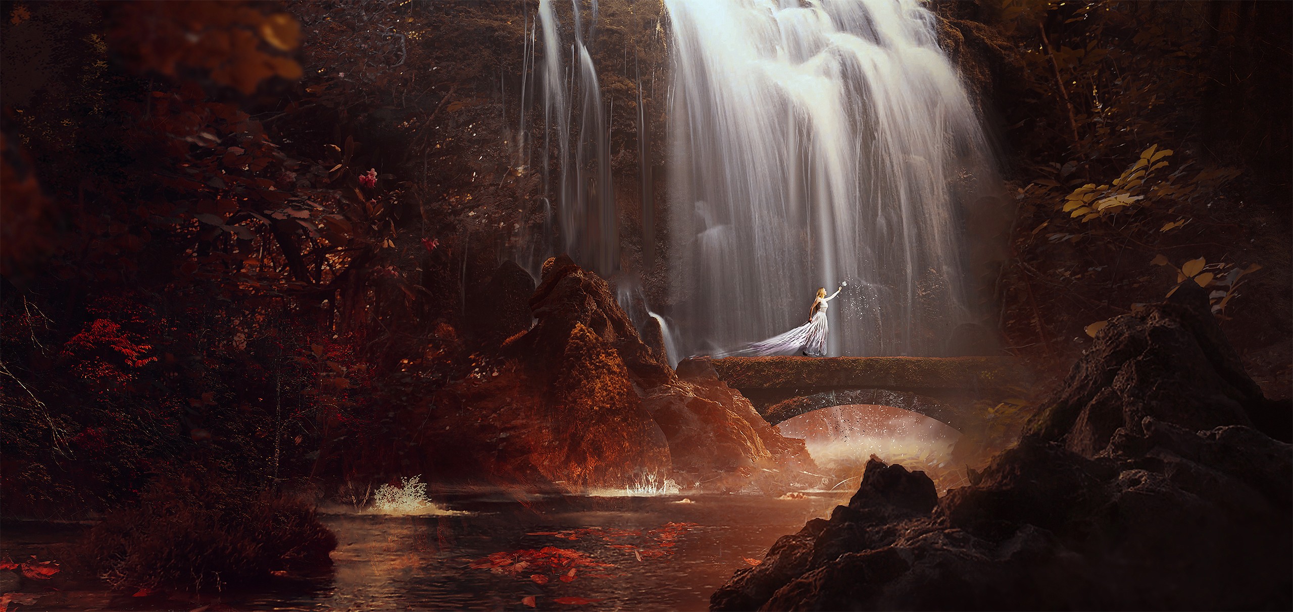 General 2560x1213 fantasy girl waterfall fantasy art women magic nature river