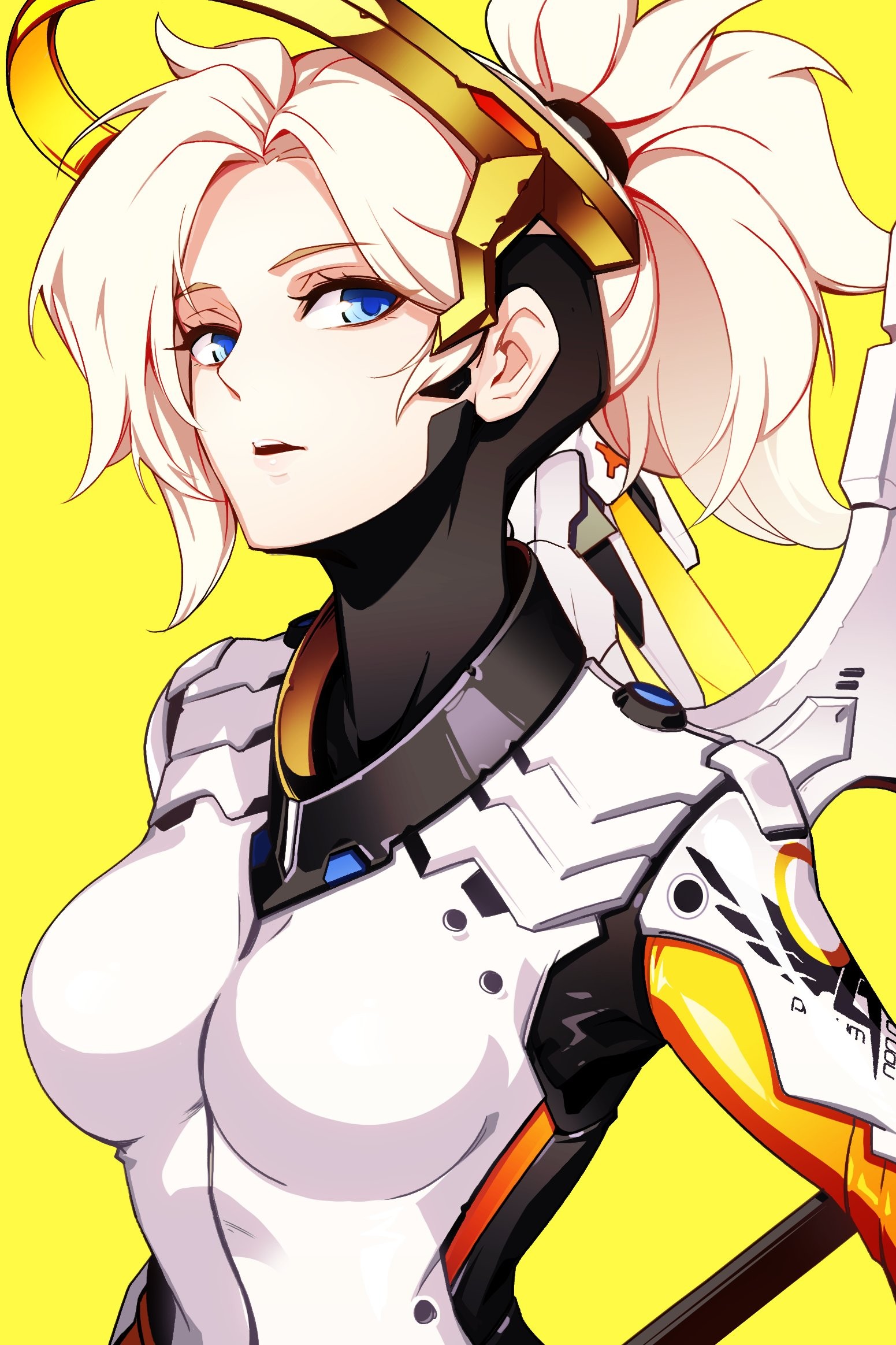 Anime 1551x2327 anime anime girls Overwatch Mercy (Overwatch) bodysuit blue eyes PC gaming boobs video game girls video game characters looking at viewer long hair yellow background simple background