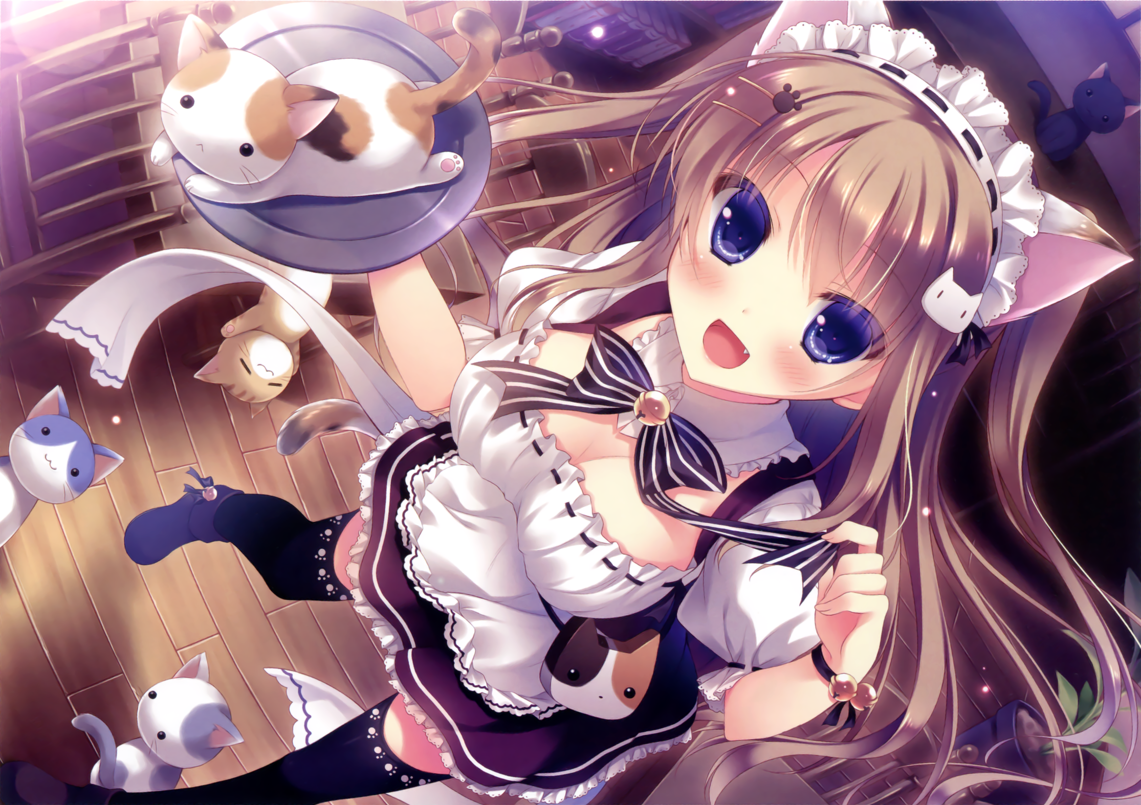 Anime 2230x1574 anime girls anime visual novel Nyan Cafe Macchiato cat girl blue eyes blonde maid outfit cleavage cats Yukie open mouth animals mammals boobs looking at viewer long hair stockings face maid