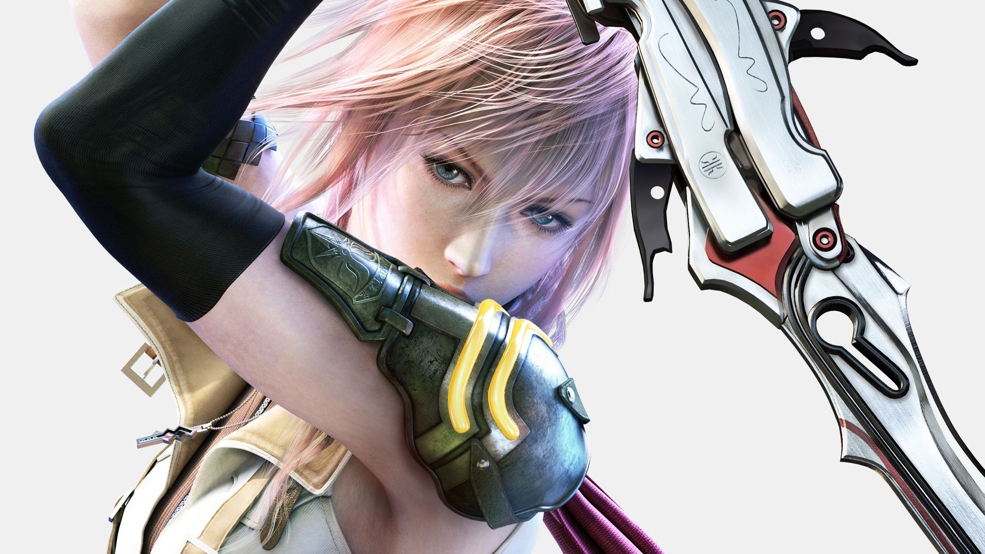 General 1920x1080 Claire Farron Final Fantasy XIII video game girls women with swords video game characters face women closeup video games hair in face blue eyes white background digital art weapon
