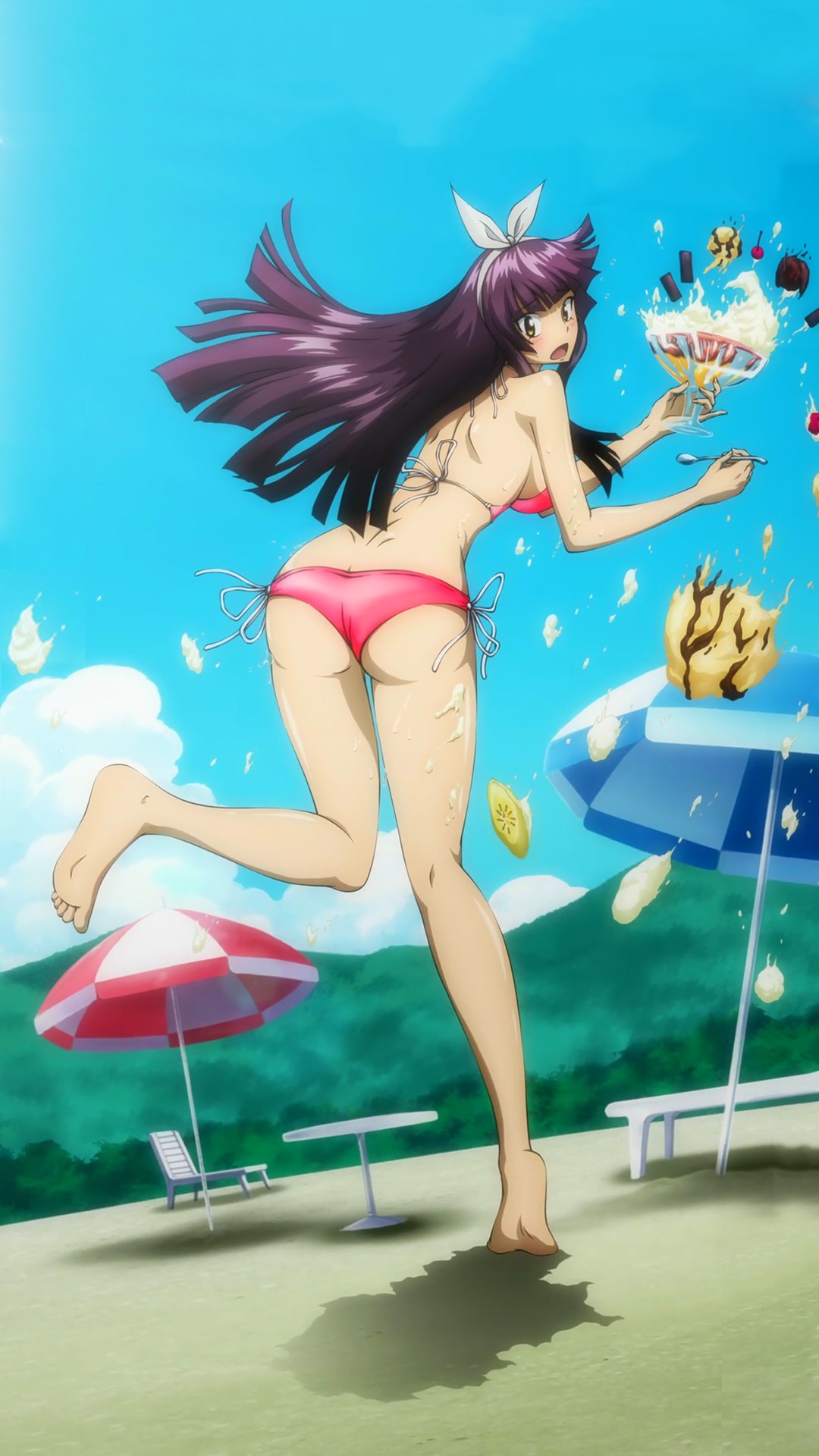 Anime 1080x1920 Mikazuchi Kagura Fairy Tail beach ice cream anime anime girls bikini ass rear view women on beach red bikini swimwear barefoot open mouth parasol looking back
