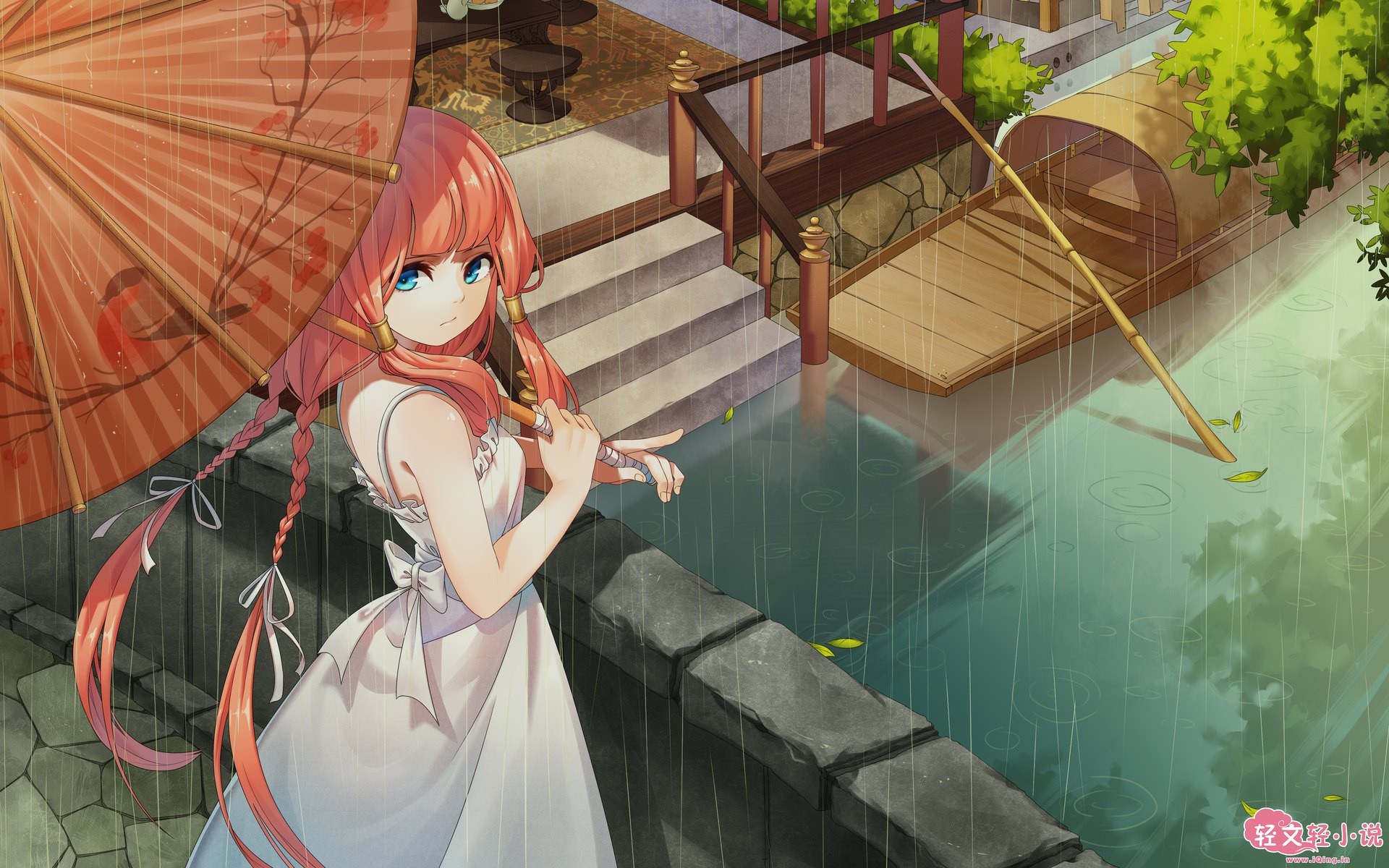 Anime 1920x1200 anime anime girls blue eyes long hair braids dress rain stairs twintails water women with umbrella women outdoors looking at viewer redhead