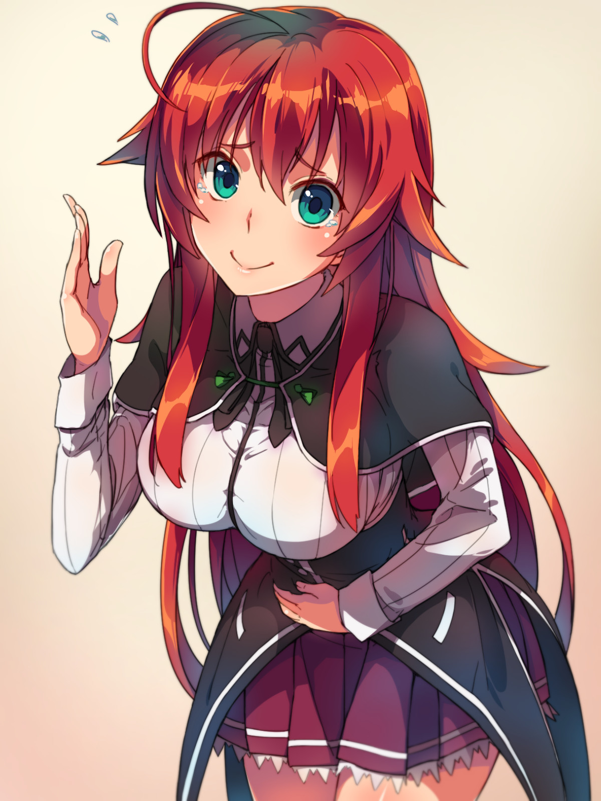 Anime 1200x1600 High School DxD anime girls Gremory Rias school uniform JK ahoge 2D thighs arched back long hair redhead smiling hand on belly blushing looking at viewer curvy wide hips anime fan art green eyes portrait display