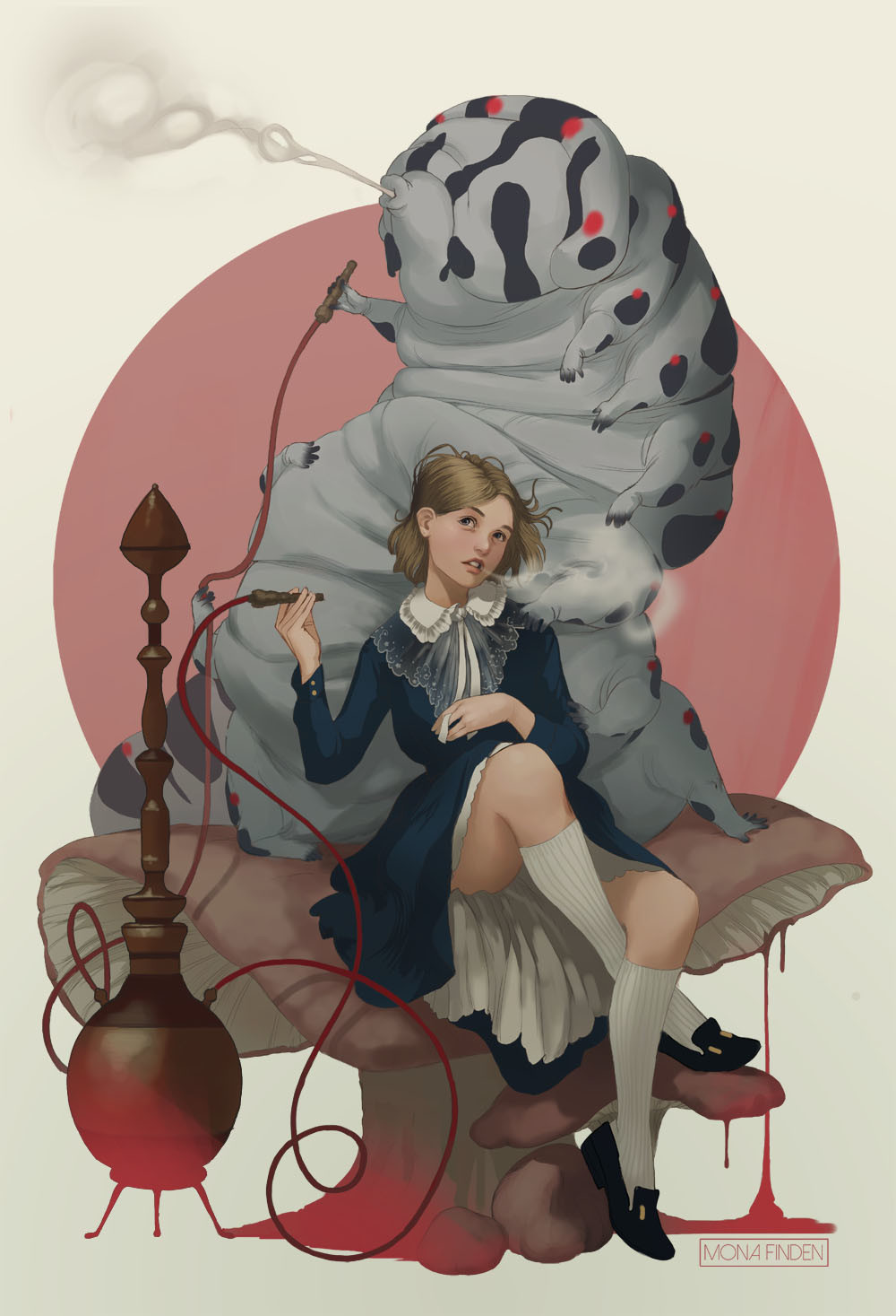 General 1000x1467 Mona Finden illustration women Alice in Wonderland dress cushions Caterpillar (company) blonde smoke