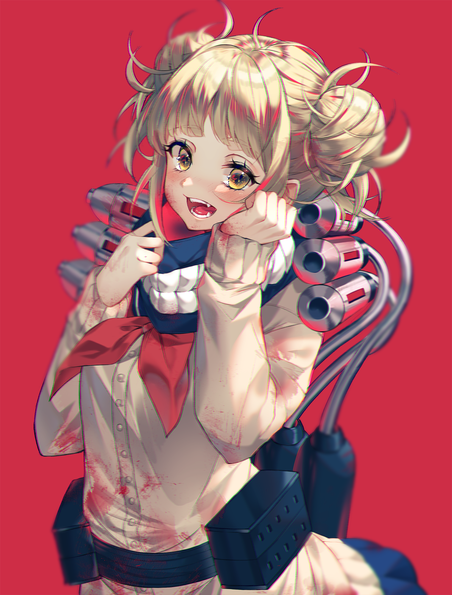 Anime 1518x2000 Boku no Hero Academia anime girls blood stains yandere fangs curvy JK school uniform odango blunt bangs messy hair long hair open mouth yellow eyes small boobs Himiko Toga looking at viewer blushing simple background cardigan long sleeves 2D fan art Kinty portrait display anime blonde