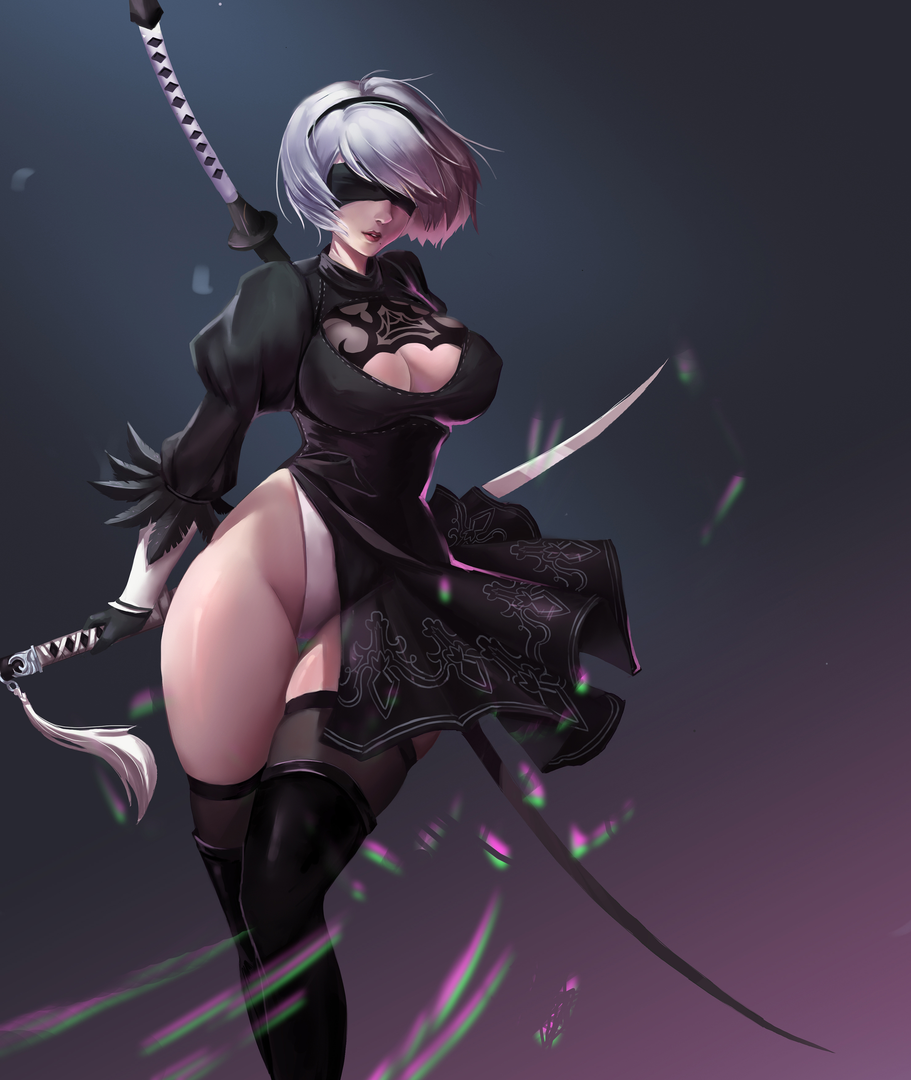 Anime 2959x3508 cleavage black dress hard nipples heels leotard Nier Nier: Automata no bra sword thigh-highs 2B (Nier: Automata)