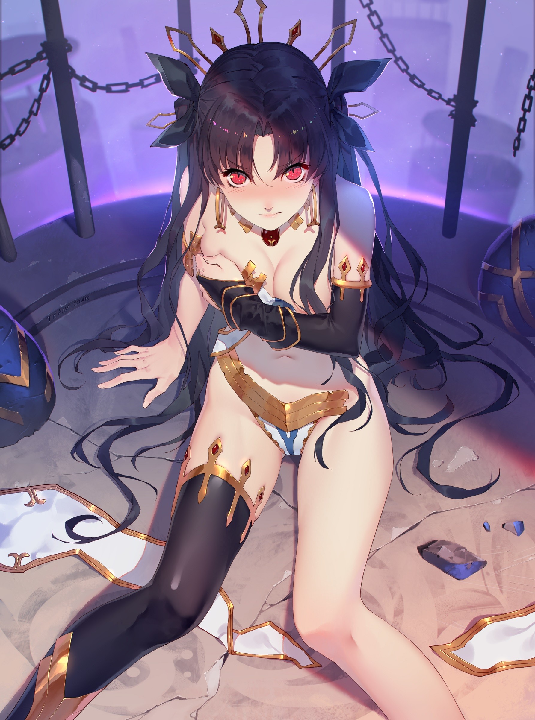 Anime 1786x2406 anime anime girls Ishtar (Fate/Grand Order) Fate/Grand Order Fate series Thankstar404 dark hair red eyes blushing covering boobs cleavage torn clothes thighs the gap no bra embarrassed 2D sitting twintails black hair long hair black ribbons high angle looking at viewer ecchi portrait display fan art belly button