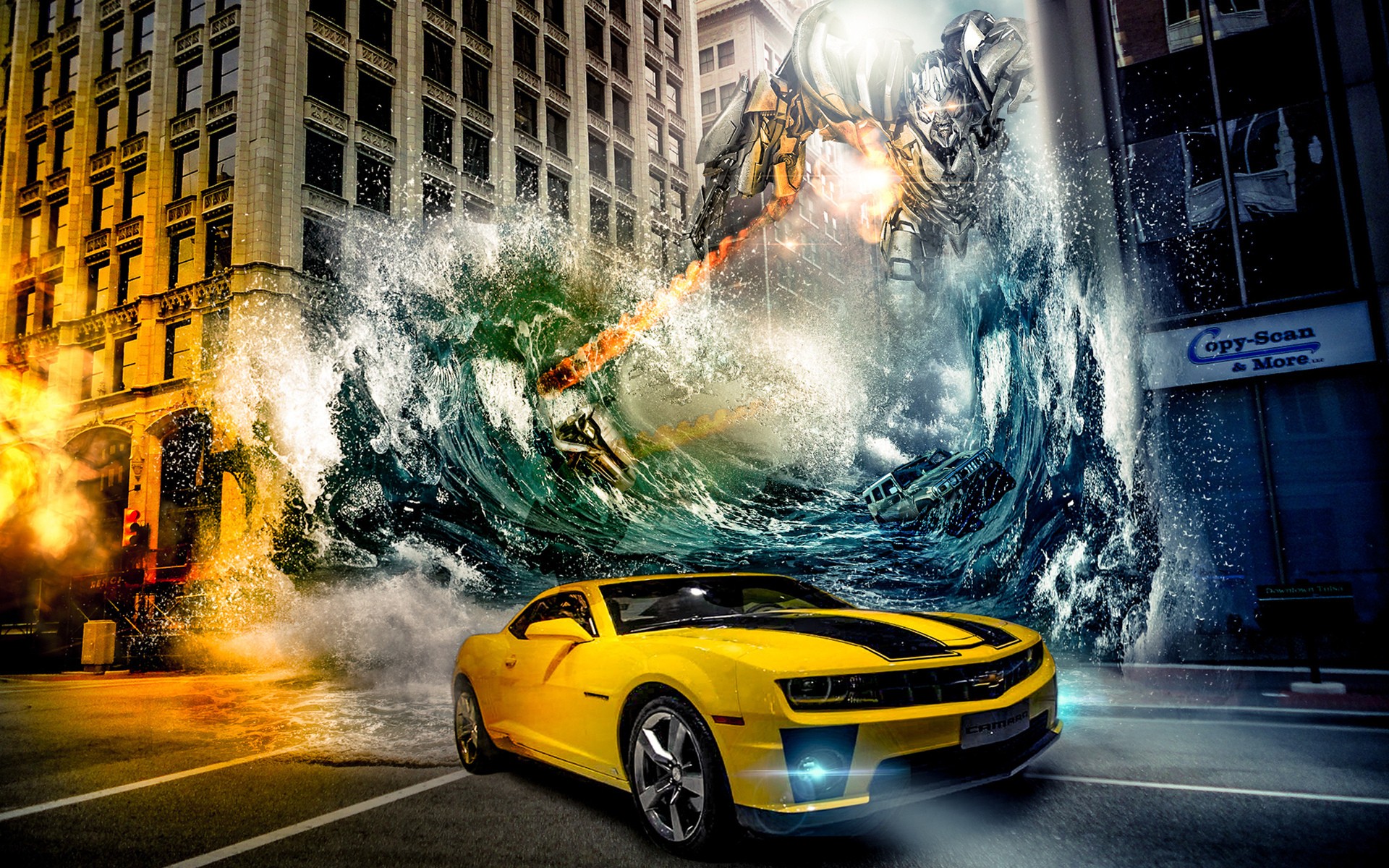 General 1920x1200 city vehicle movies Transformers digital art building frontal view water robot street headlights