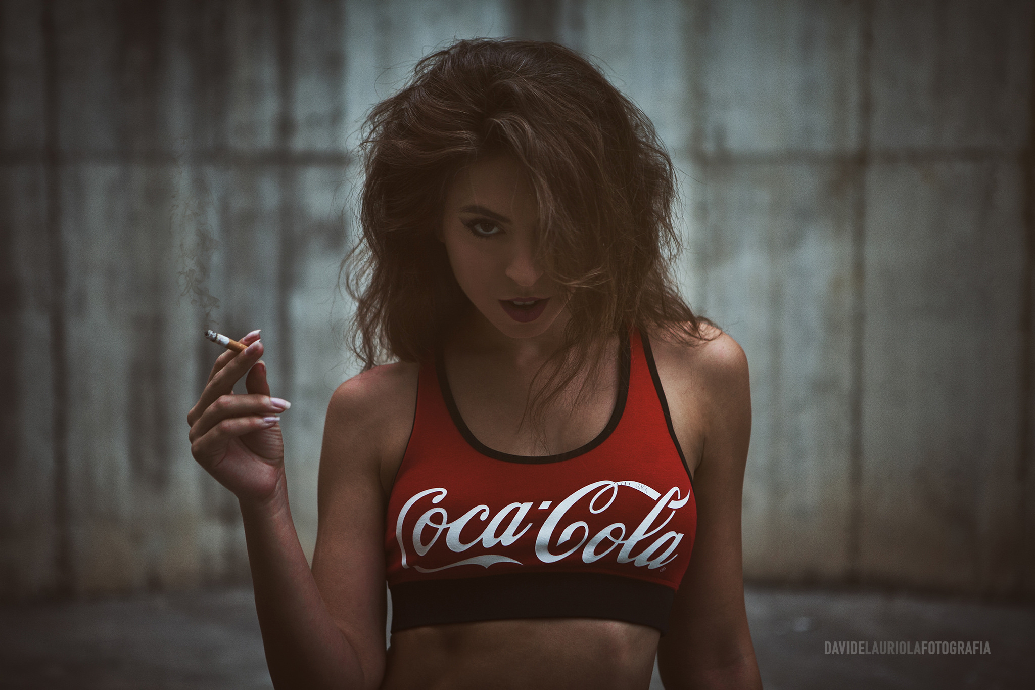 People 2048x1365 women brunette open mouth sports bra Coca-Cola cigarettes looking at viewer Giulia Rocambole Davide Lauriola smoking low light watermarked coca-cola t-shirt