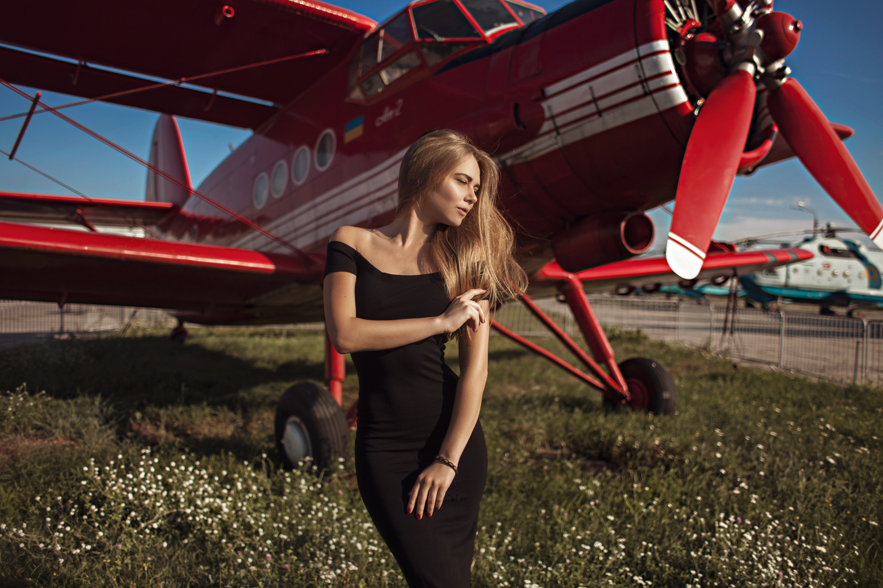 People 1800x1200 women blonde black dress grass women outdoors airplane red nails portrait Antonov An-2