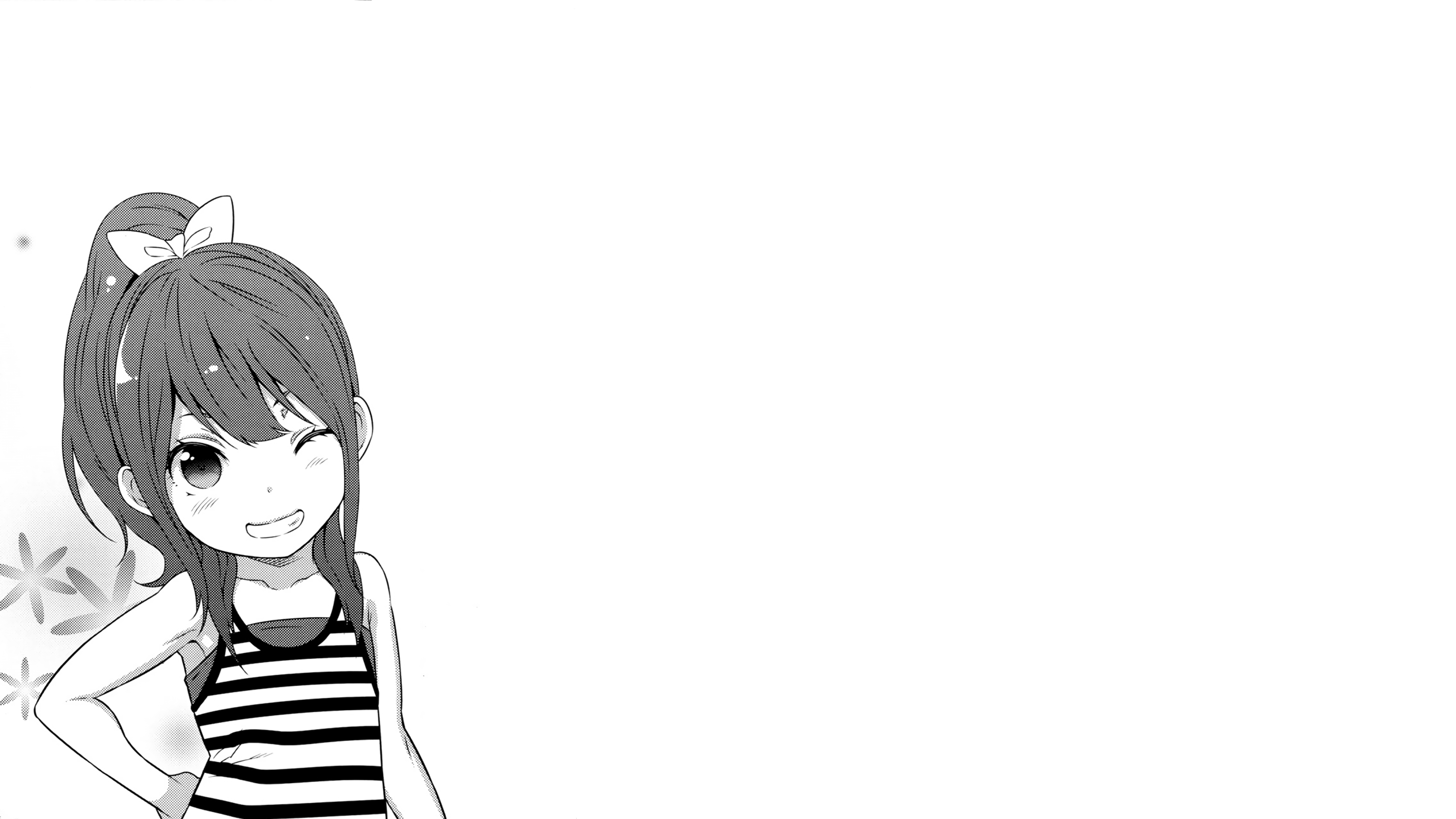 Anime 3232x1818 white background manga loli shirt smiling teeth blushing one eye closed armpits ponytail long hair