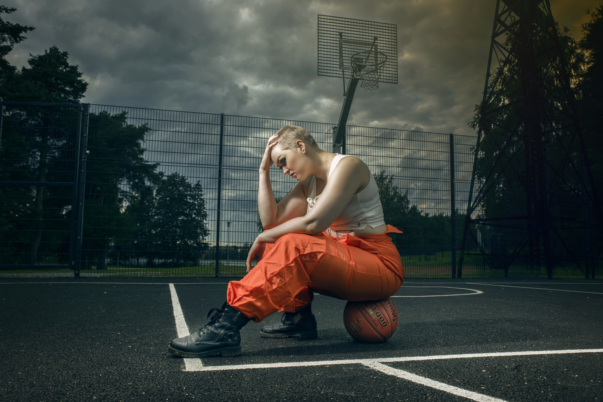 People 2048x1367 basketball court women ball short hair sitting basketball model boots