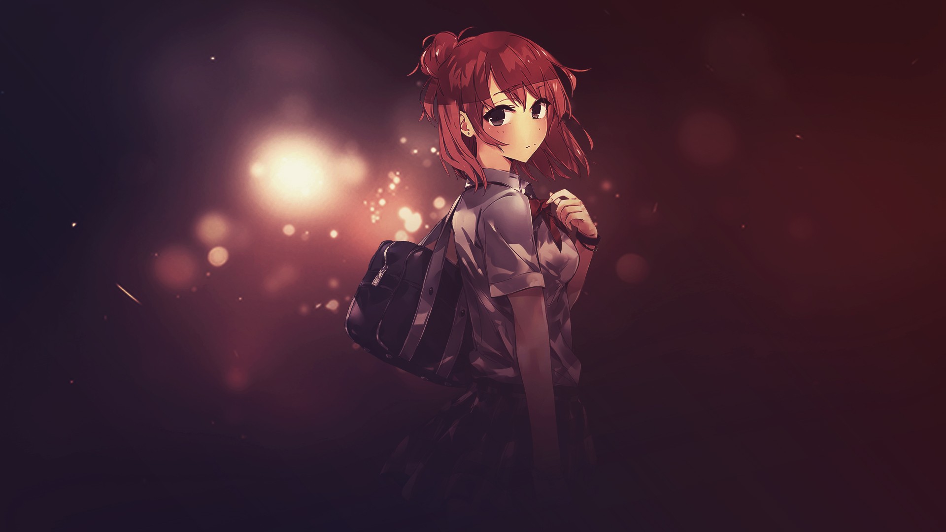 Anime 1920x1080 Yahari Ore no Seishun Love Comedy wa Machigatteiru Yuigahama Yui anime girls redhead backpacks ribbon short hair simple background