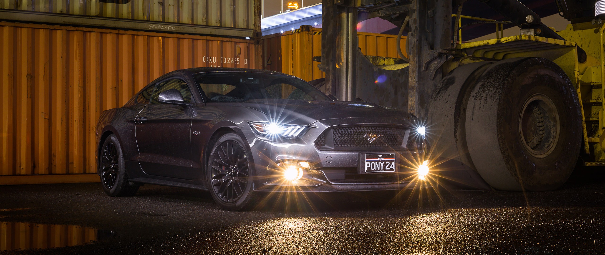 General 2560x1080 Ford Mustang vehicle car night muscle cars headlight beams Ford Mustang S550 Ford