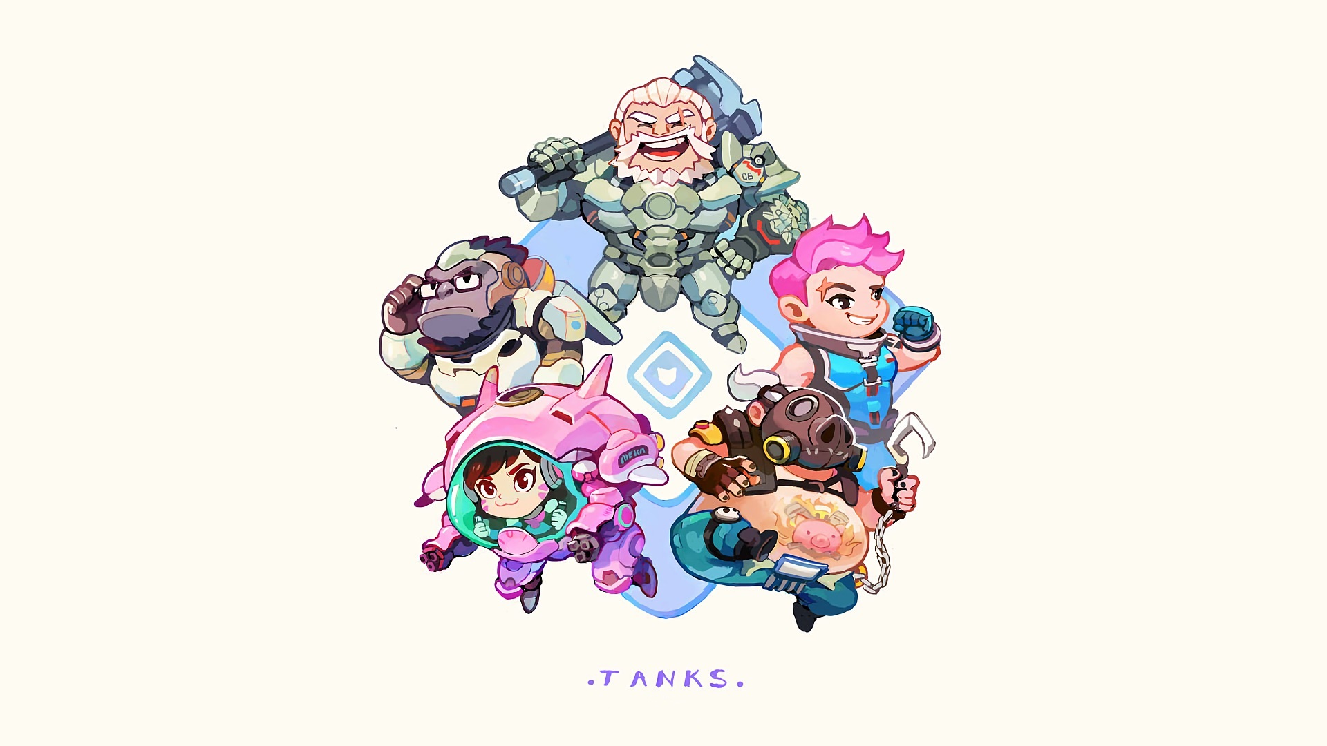 General 1920x1080 D.Va (Overwatch) Winston (Overwatch) Zarya (Overwatch) Blizzard Entertainment video game characters video games Overwatch Reinhardt (Overwatch) chibi simple background hammer armor glasses smiling chains white background open mouth scars gloves fingerless gloves Roadhog (Overwatch) minimalism mechs video game girls belly video game men shoe sole
