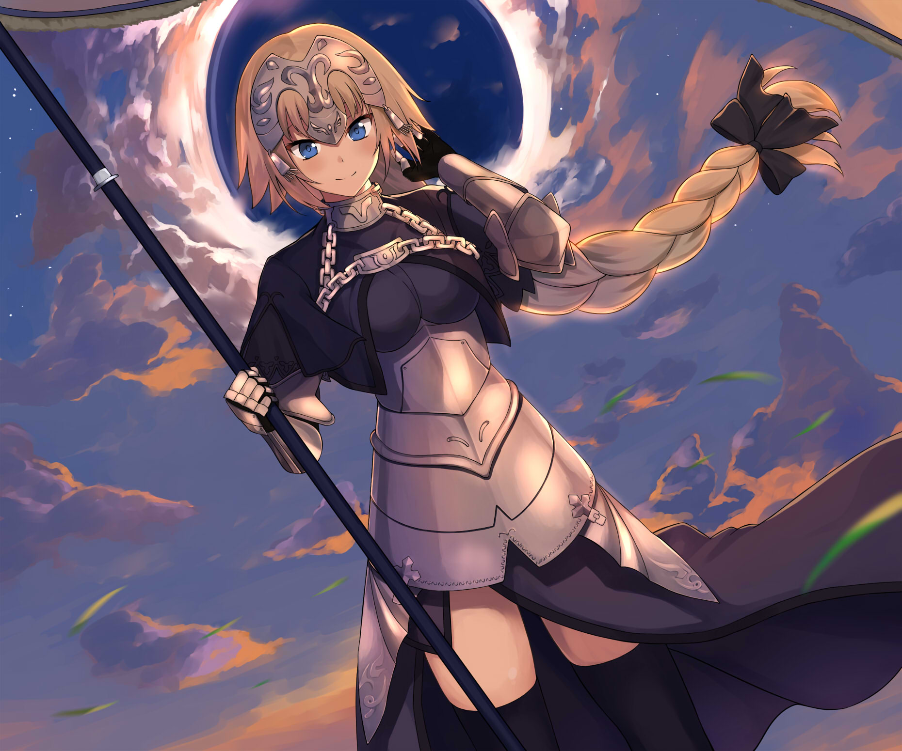 Anime 1860x1550 Fate/Apocrypha  Fate series anime girls Fate/Grand Order zettai ryouiki big boobs thighs black stockings bangs female warrior blushing hair blowing in the wind armored woman 2D dutch tilt Ruler (Fate/Apocrypha) Jeanne d'Arc (Fate) Asato