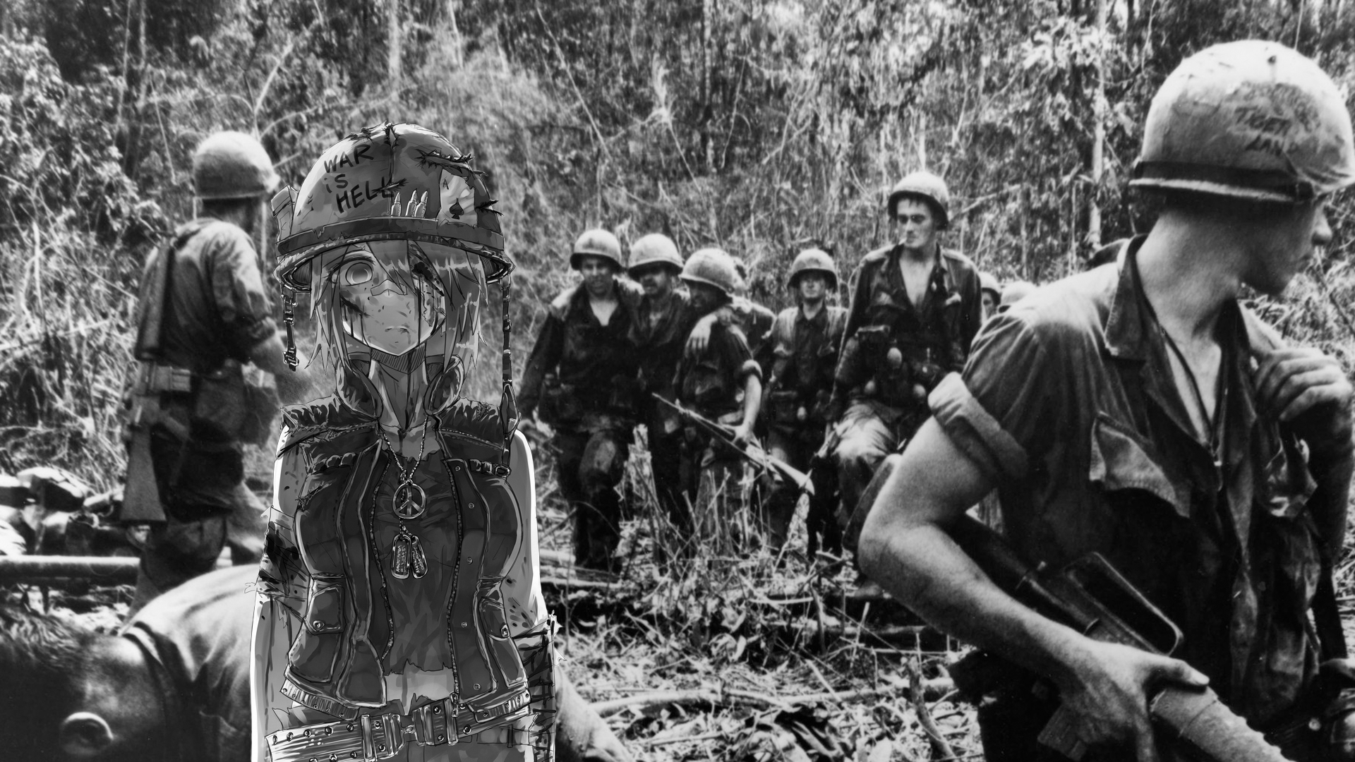 People 1920x1080 war soldier M4A1 anime girls helmet Vietnam War peace dog tag frontal view animeirl monochrome gray photoshopped