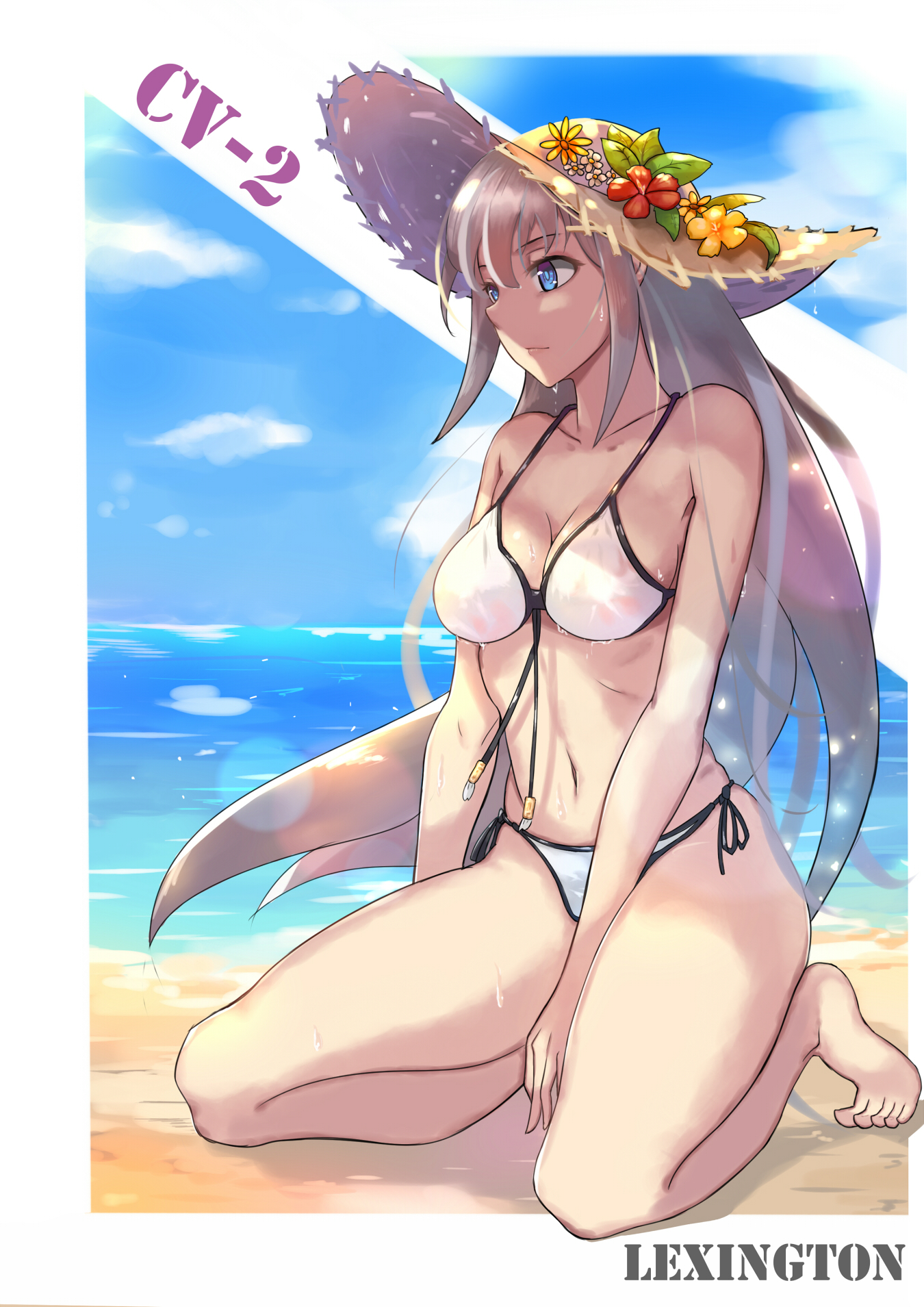Anime 1350x1909 Lexington (Warship Girls) Zhanjian Shaonu bikini cleavage blue eyes beach white hair kneeling