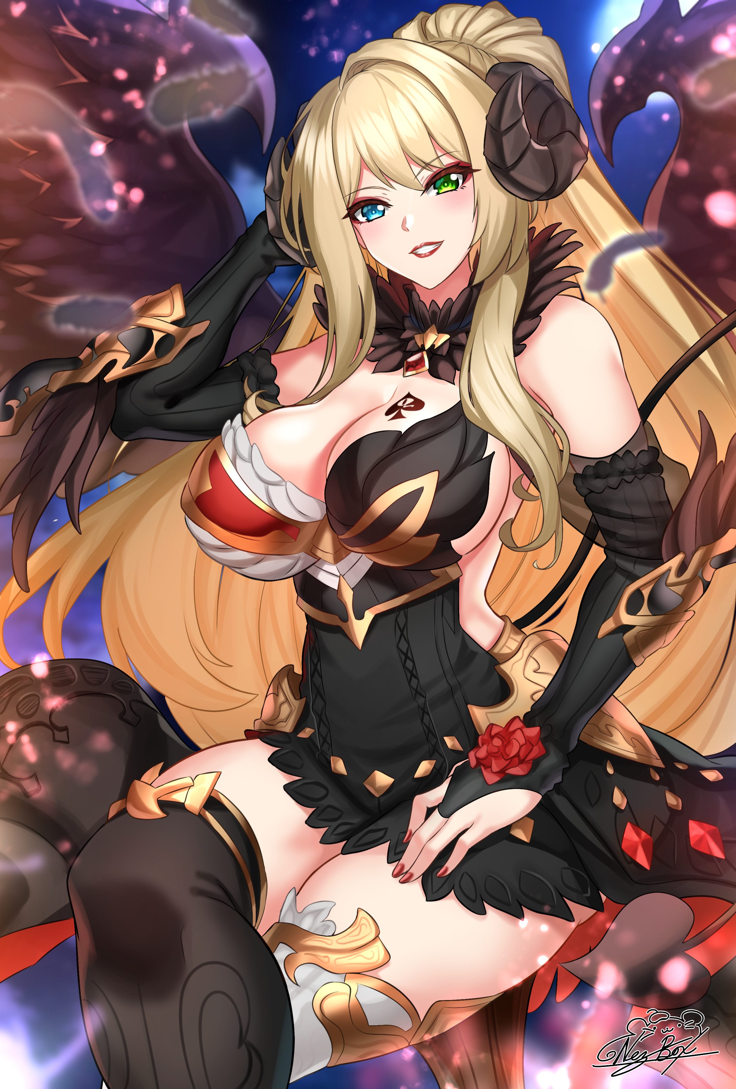 Anime 2475x3659 Nez-Box cleavage anime anime girls Queen of Spades big boobs blonde looking at viewer portrait display long hair green eyes red lipstick lipstick detached sleeves legs crossed stockings mismatched stockings thighs signature bare shoulders horns feathers painted nails red nails elbow gloves gloves