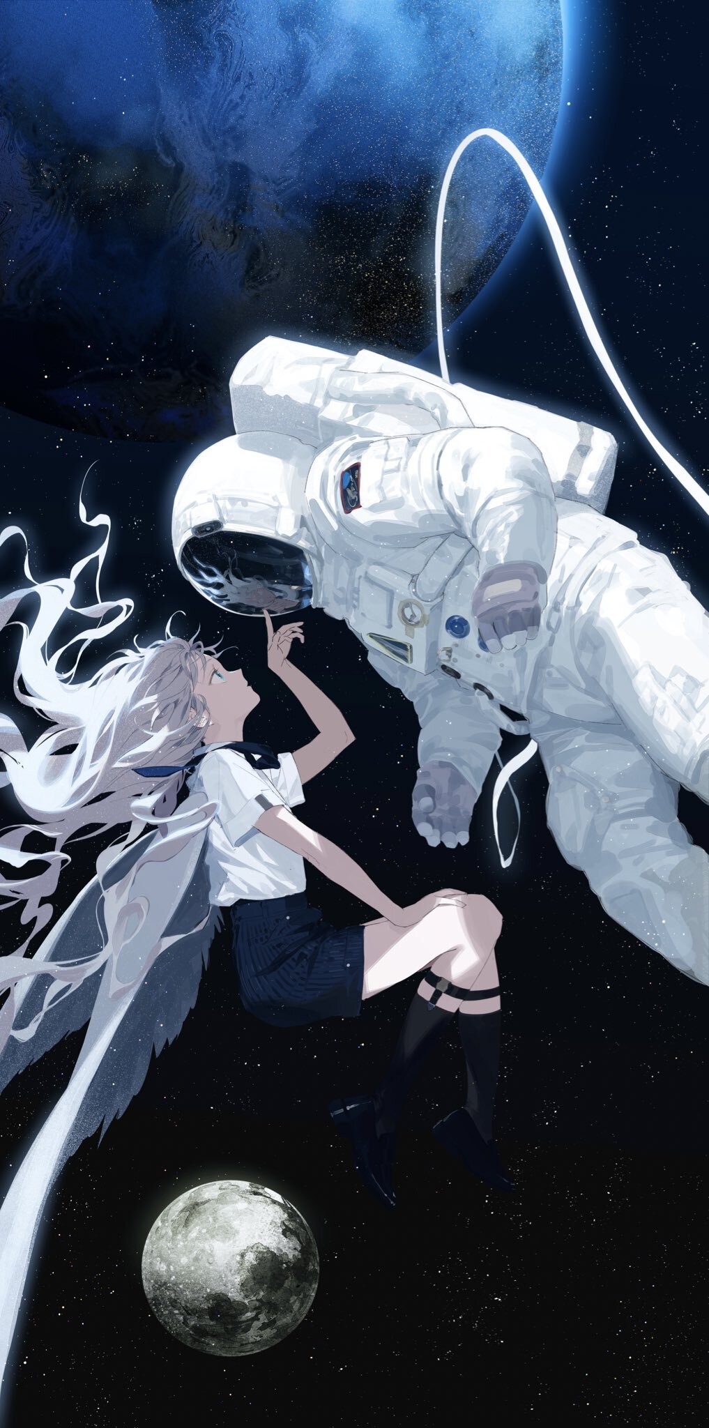 Anime 1017x2048 fantasy girl space astronaut white hair sailor uniform artwork