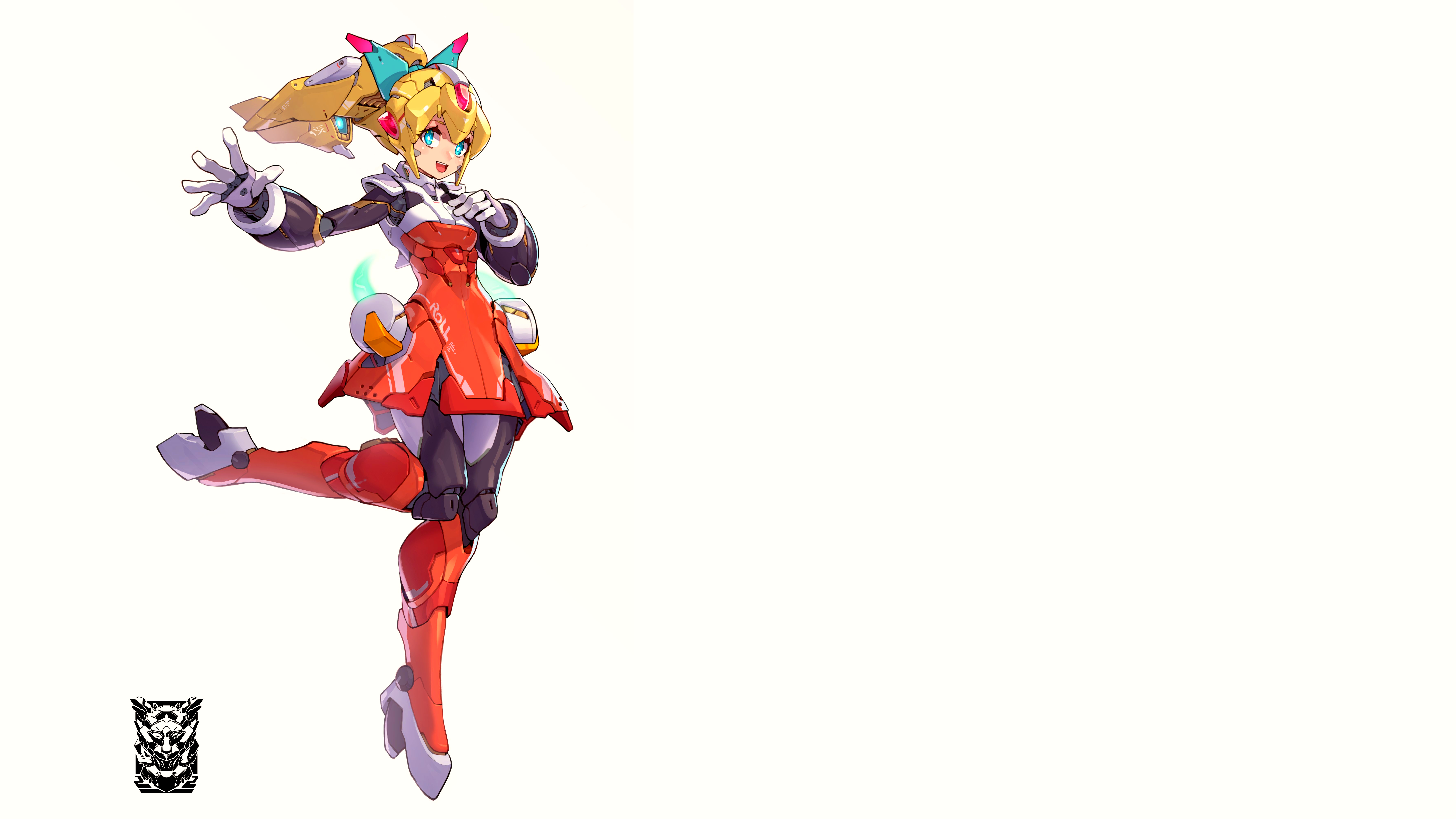 Anime 7111x4000 Roll  Mega Man blonde red dress machine robot ribbon hair ribbon boots long boots knee-high boots heels video games Capcom video game girls blue eyes simple background white background