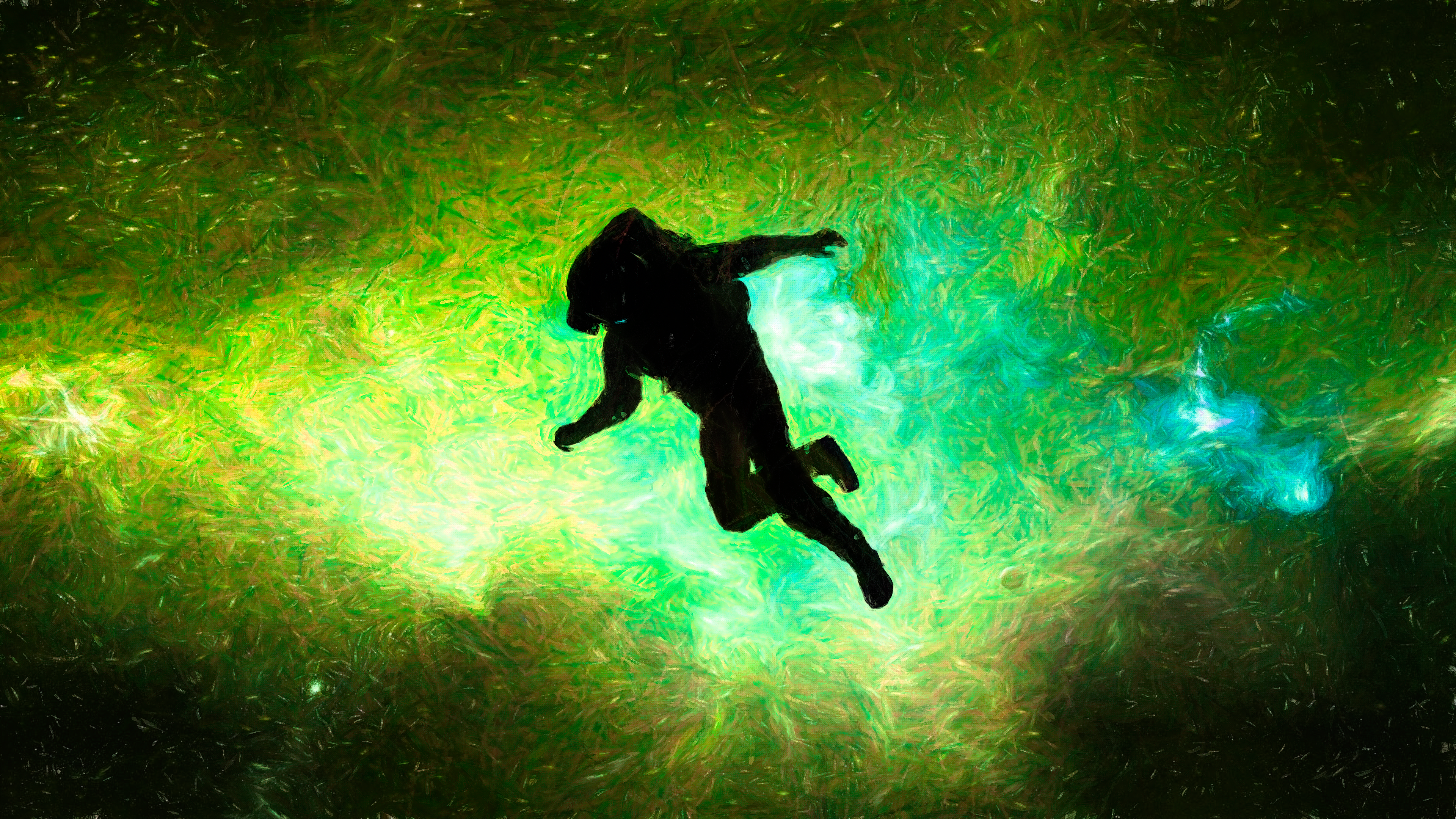General 3840x2160 CGI digital art shaders space art astronaut floating green stars Blender ulex_3d