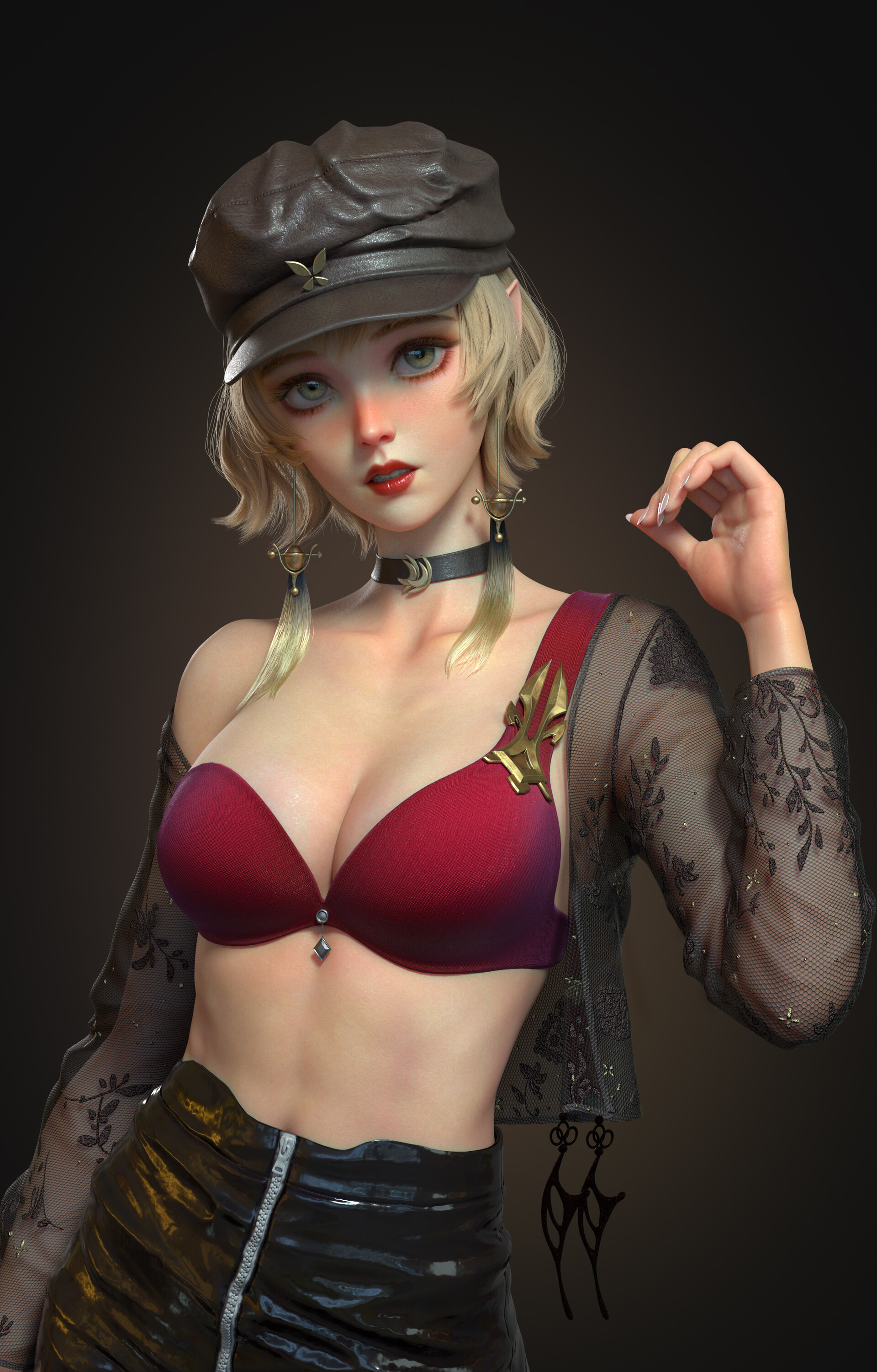 General 1920x3003 women digital art hat bra looking at viewer blonde red bra simple background Ting Xue