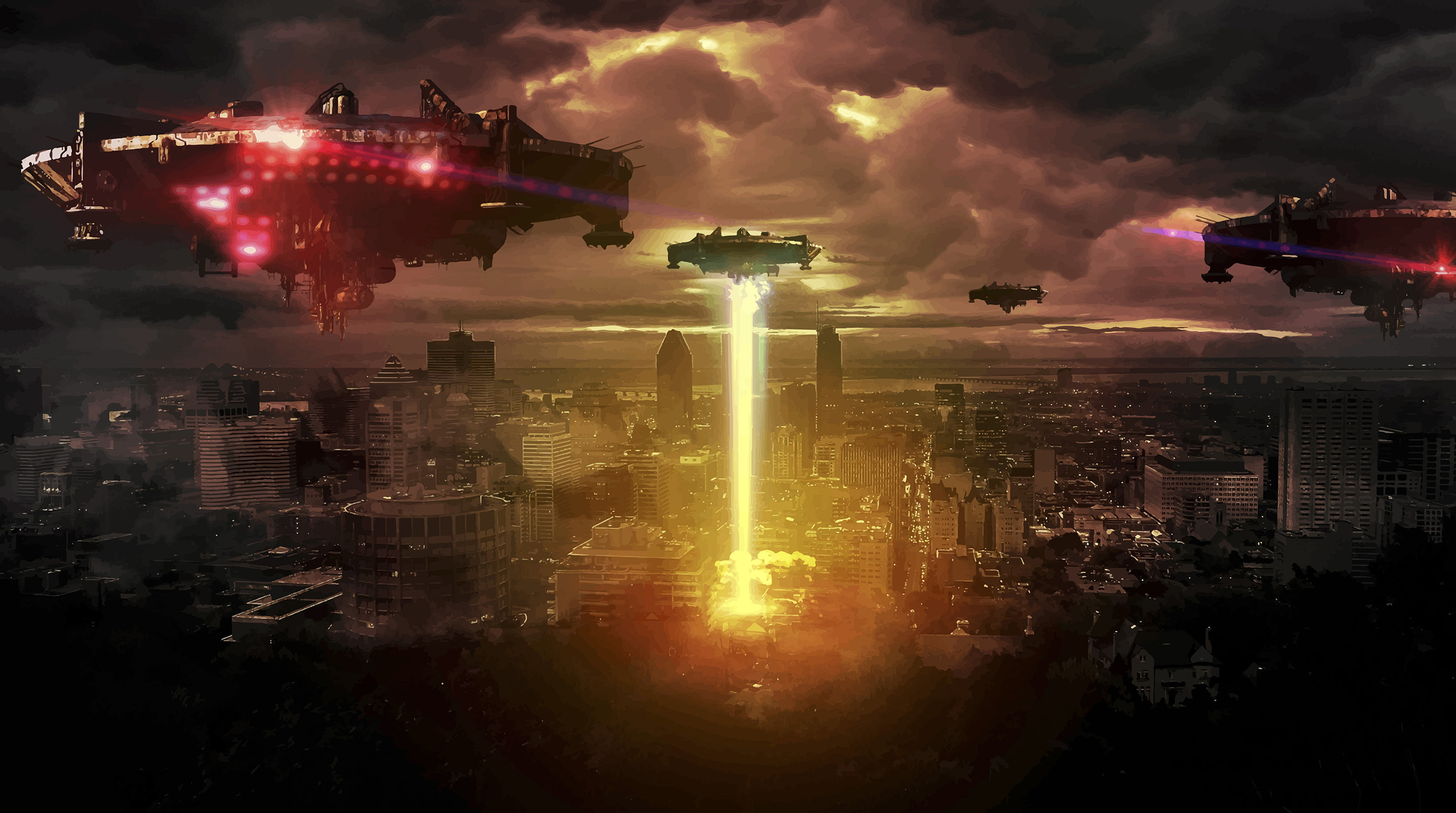 General 2560x1430 UFO alien invasion alien attack mothership photo manipulation laser war explosion movies photoshopped science fiction apocalyptic digital art low light