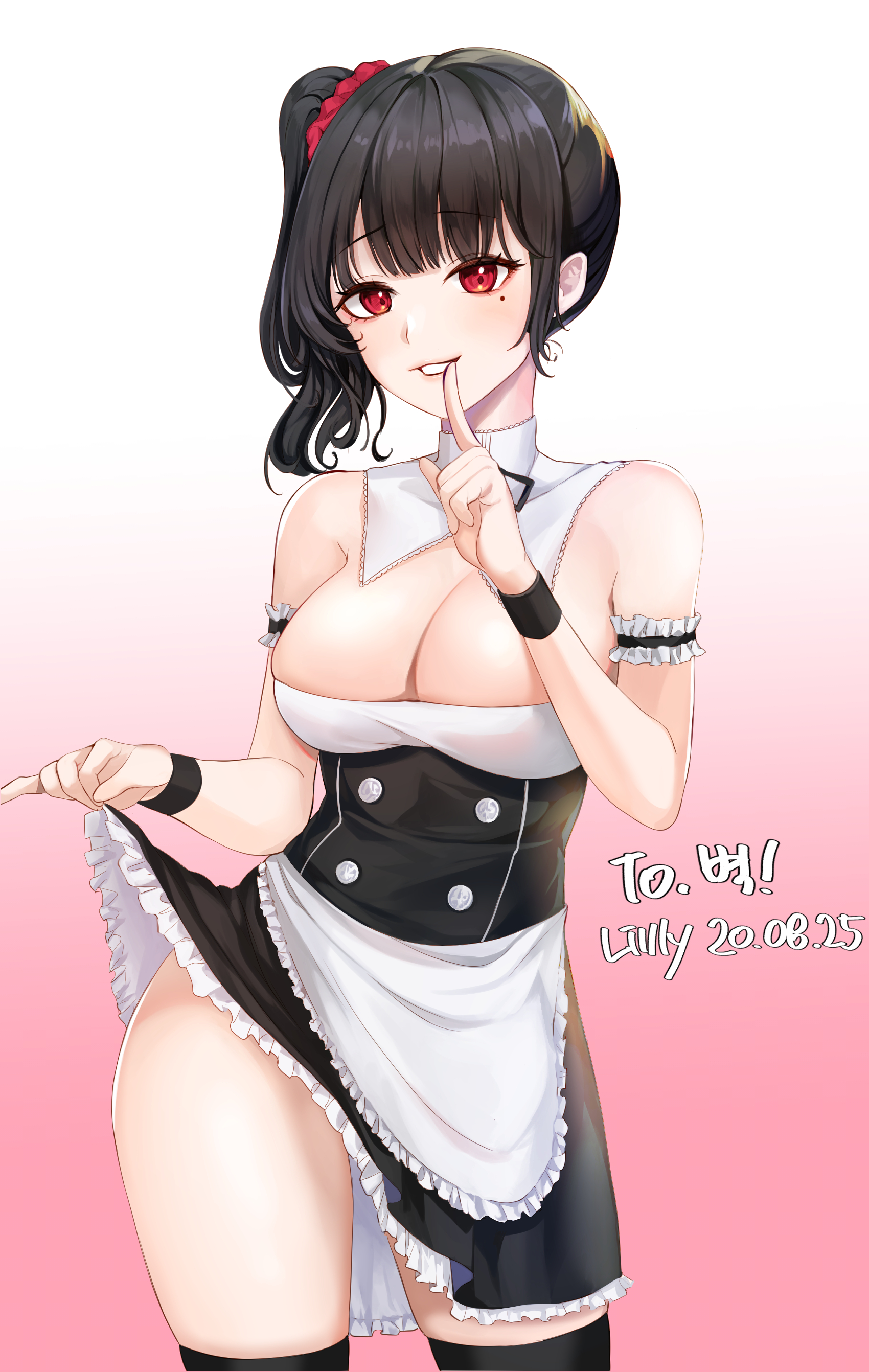 Anime 1700x2684 anime girls lillly maid outfit cleavage red eyes lifting dress thighs thigh-highs black hair side ponytail standing