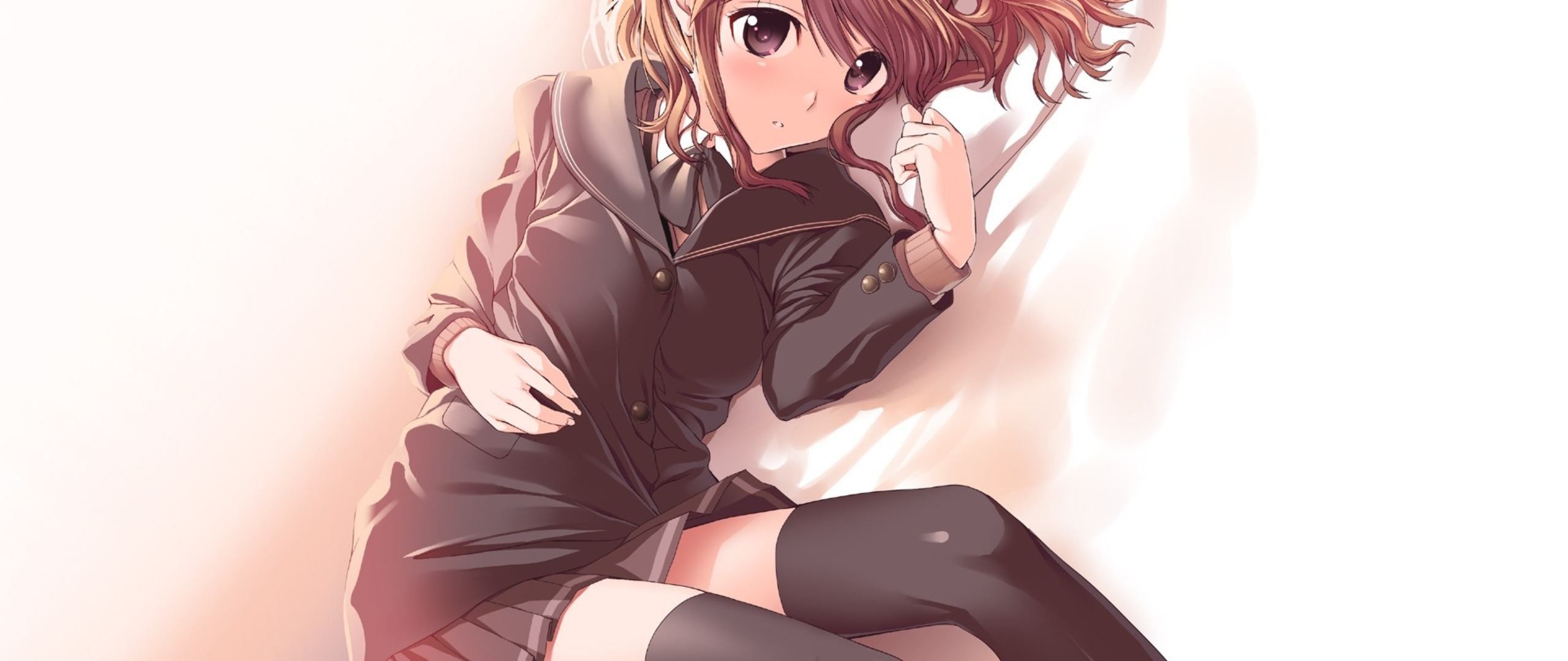 Anime 2560x1080 brunette brown eyes school uniform thigh-highs in bed lying on side anime girls Nakata Sae Amagami SS