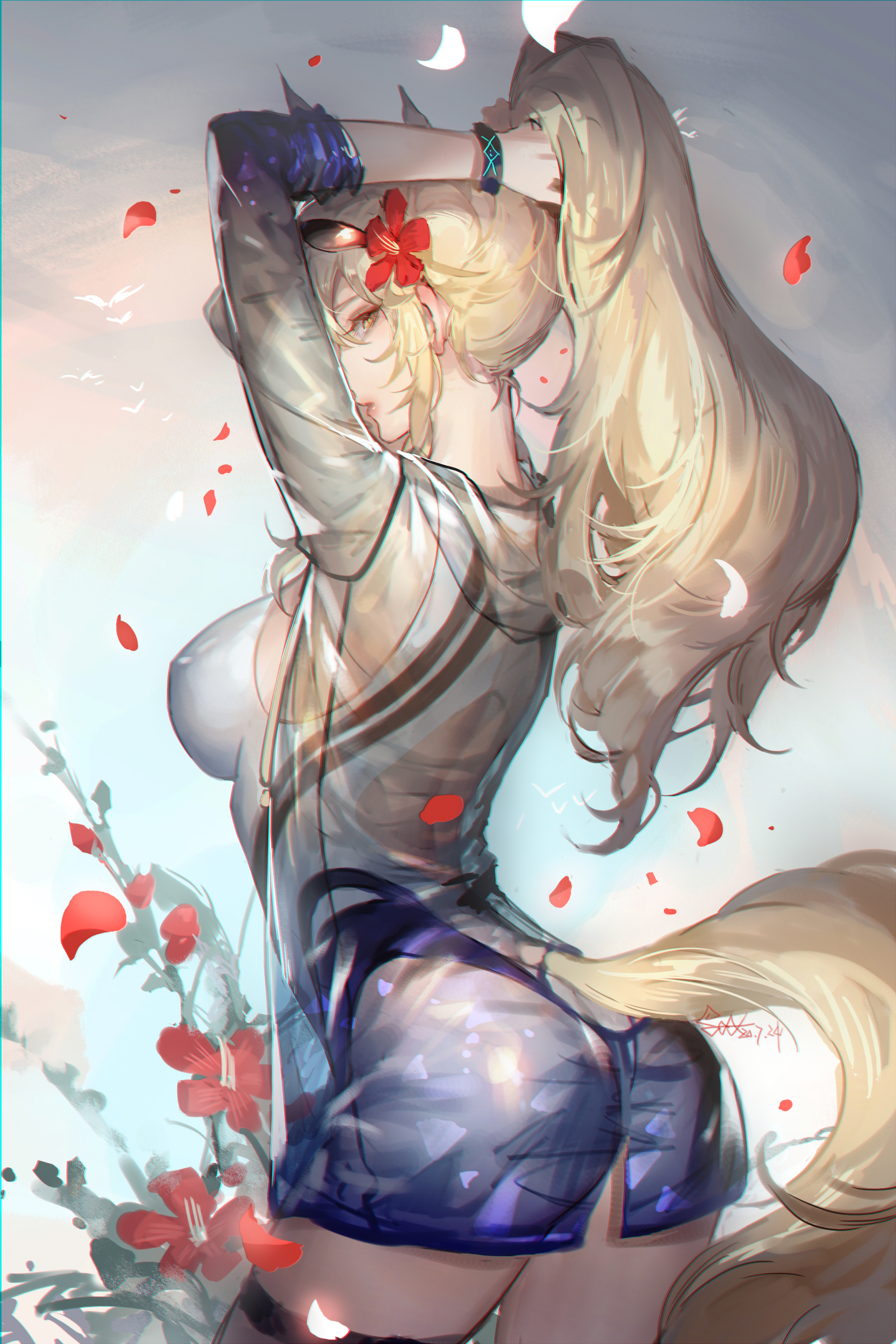 Anime 1800x2698 anime anime girls digital art artwork 2D portrait display Spade-M Arknights Nearl(Arknights) animal ears tail blonde ponytail see-through clothing one-piece swimsuit Kazimierz