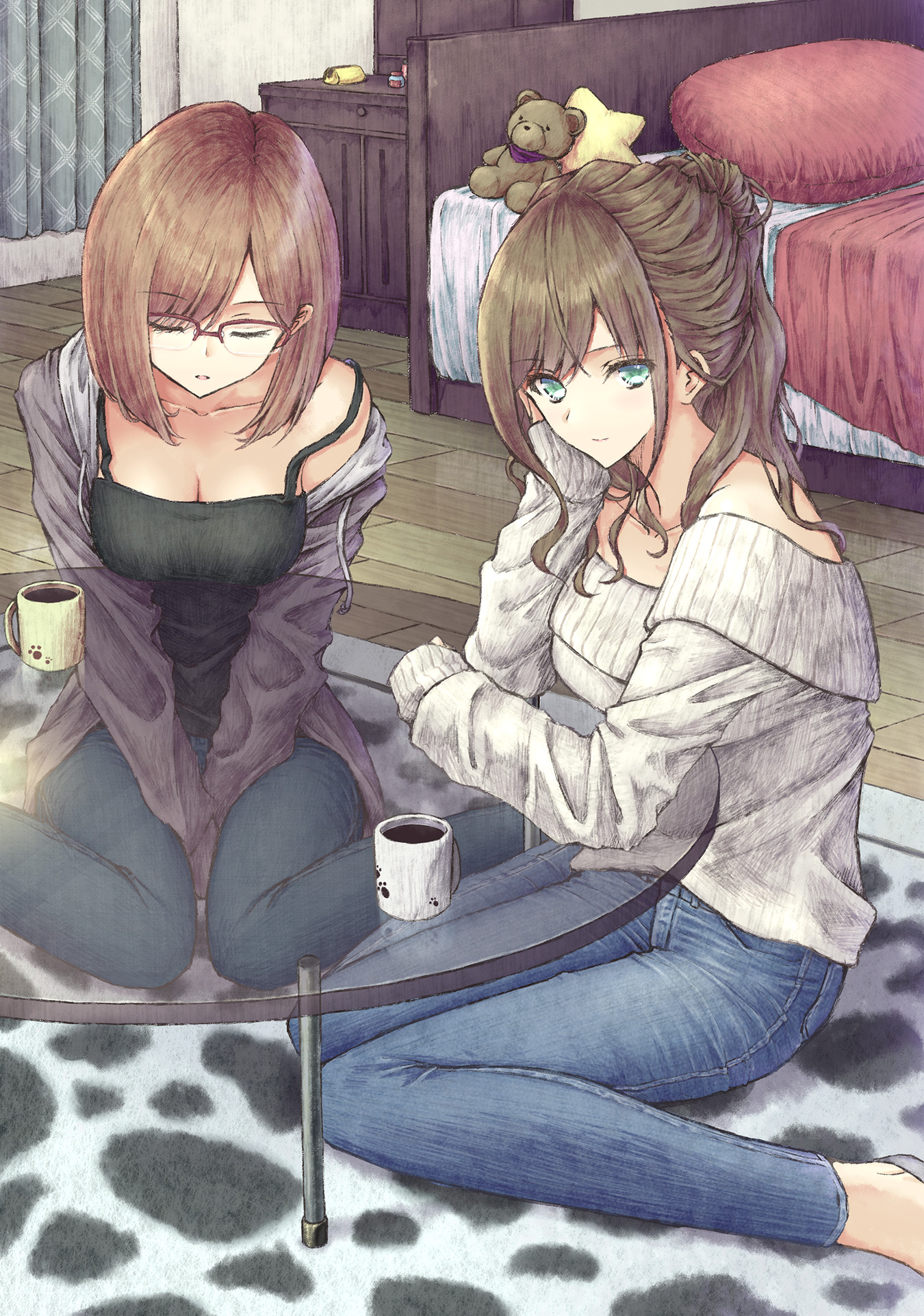 Anime 1350x1920 anime anime girls digital art artwork 2D portrait display Aramachi brunette glasses sweater jeans cleavage kneeling