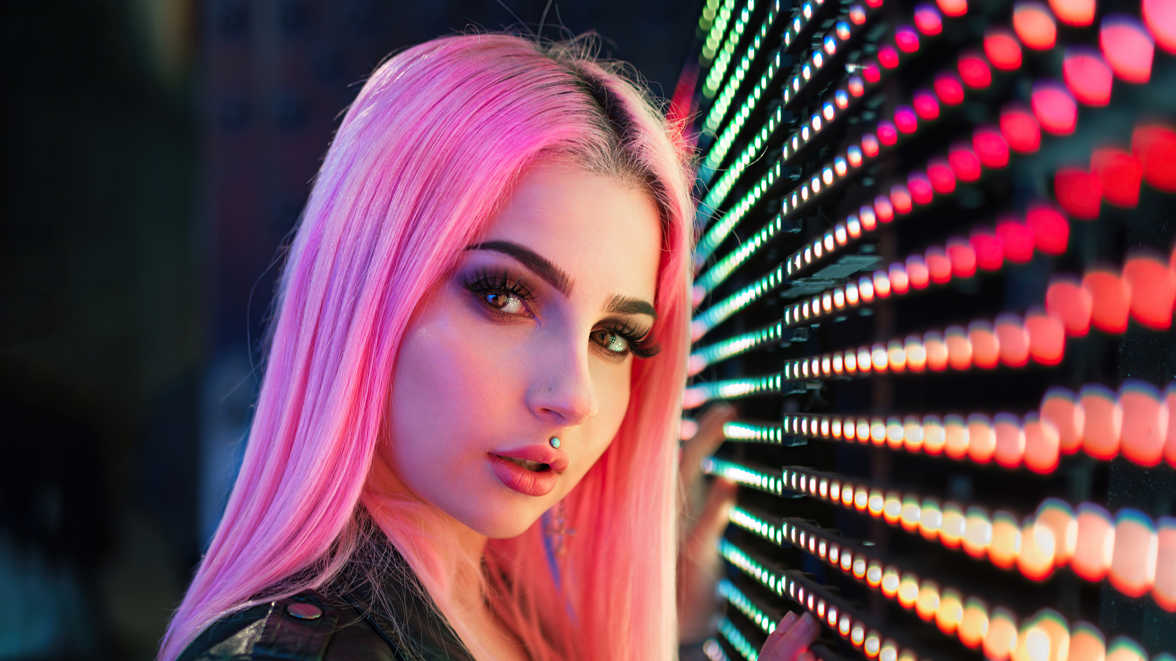 People 3840x2160 women portrait face model photography long hair looking at viewer closeup eyes neon pink hair