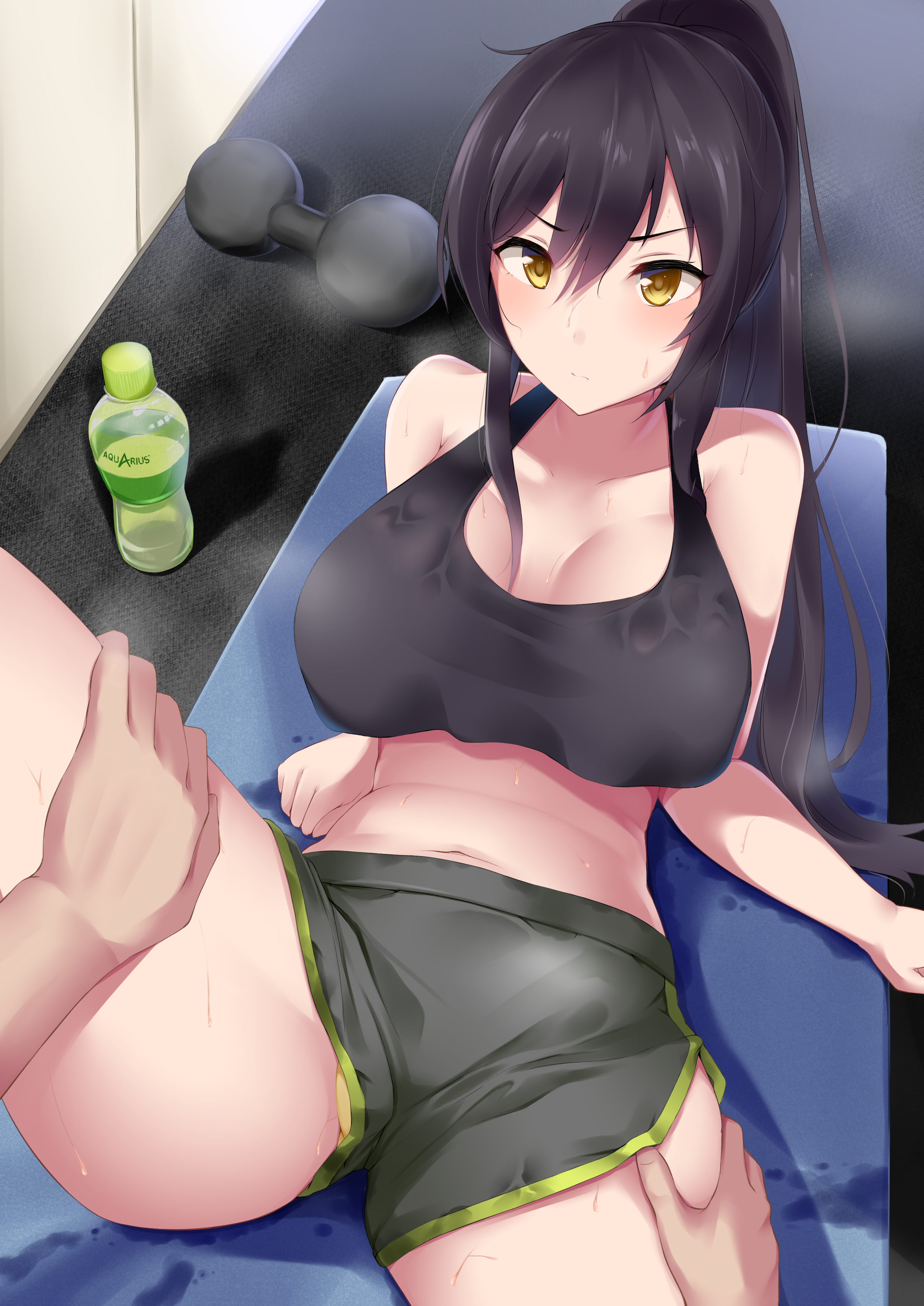 Anime 2507x3541 anime anime girls boobs working out Shirase Sakuya portrait display spread legs dark hair ponytail yellow eyes lying on back short shorts big boobs crop top sweat THE iDOLM@STER Yigra Don POV THE iDOLM@STER: Shiny Colors