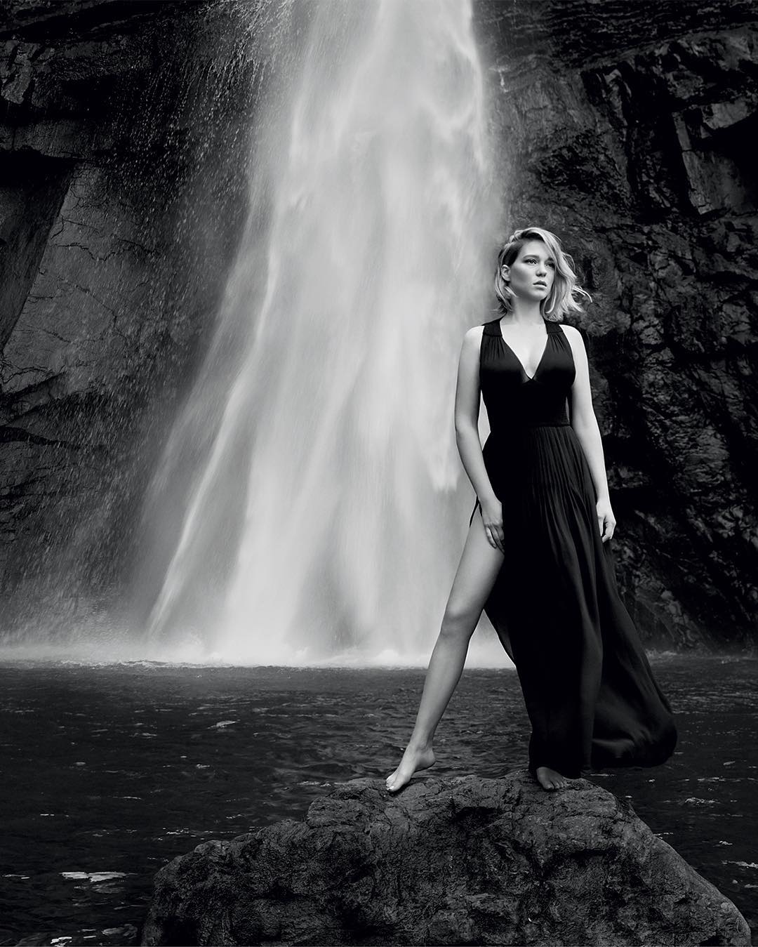 People 1080x1349 Léa Seydoux model women monochrome looking away black dress women outdoors rocks waterfall cliff