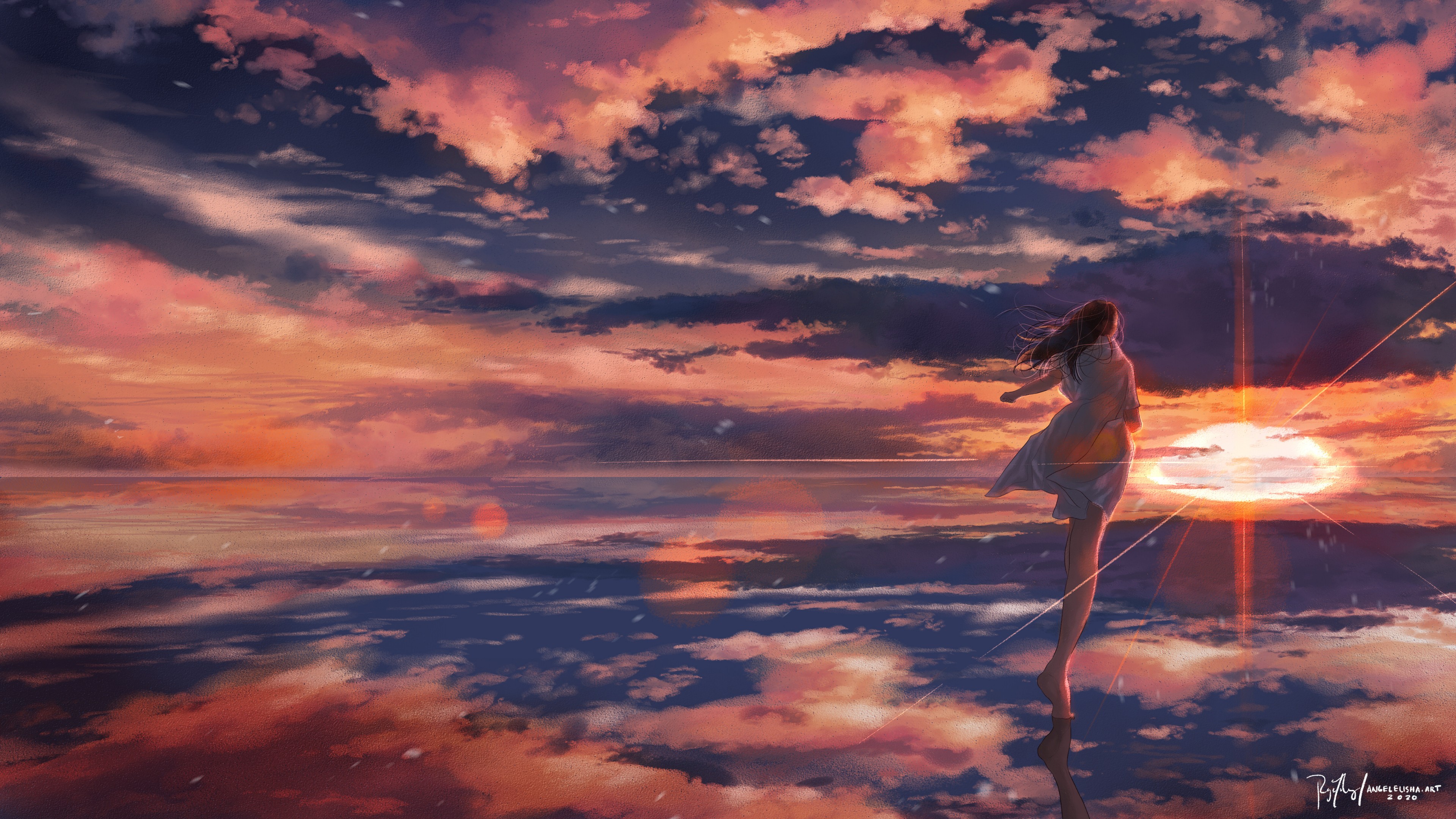 Anime 3840x2160 anime original characters anime girls clouds sunset sky water moescape