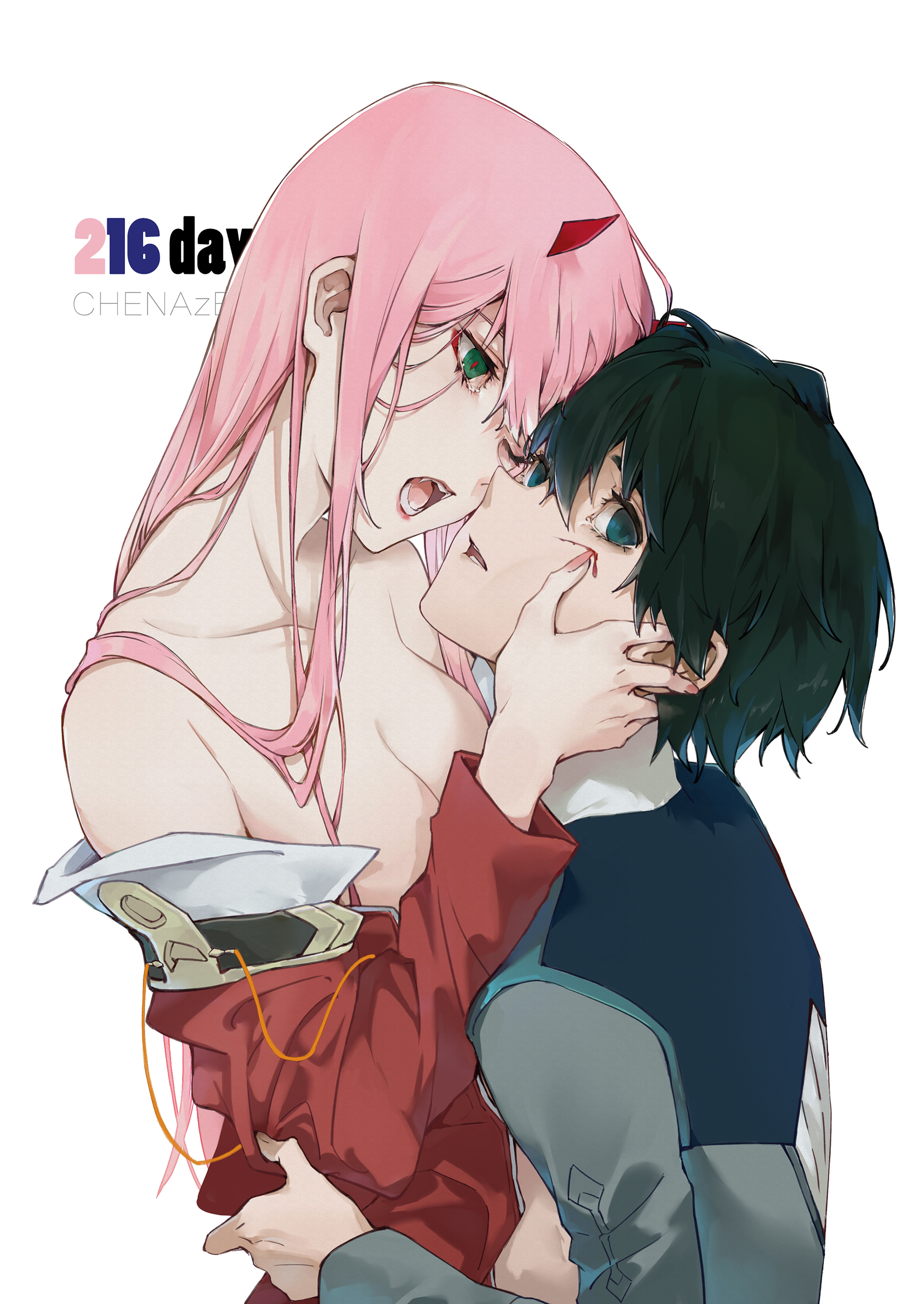 Anime 1800x2557 Darling in the FranXX horns monster girl school uniform kissing cleavage no bra open mouth bare shoulders long hair short hair pink hair black hair hair in face bangs anime girls anime boys Zero Two (Darling in the FranXX) Code:016 (Hiro)  2D anime chenaze57 ecchi open clothes